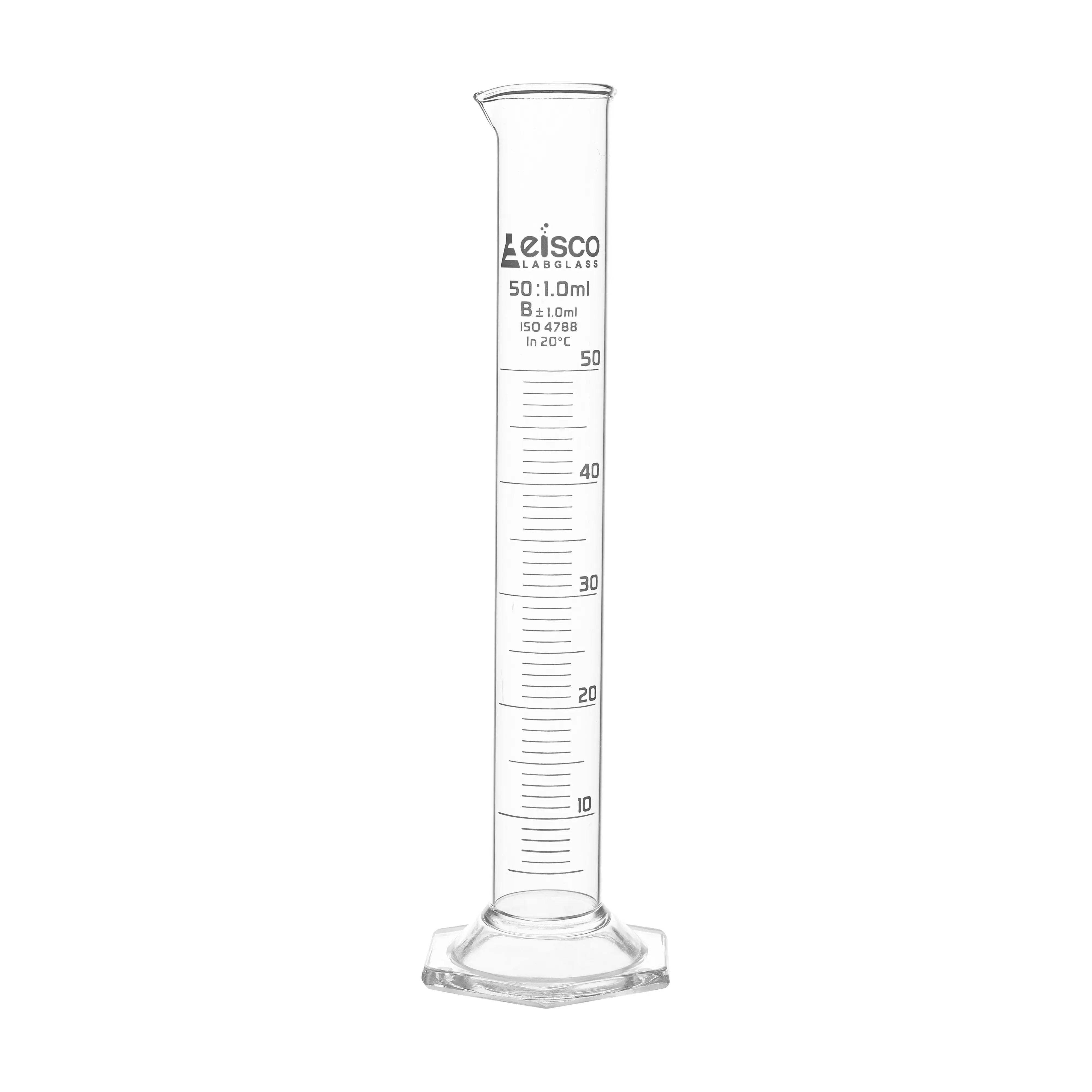 Cylinder Measuring Graduated, cap. 50ml., class 'B', Hex. base with spout, borosilicate glass, White Graduation