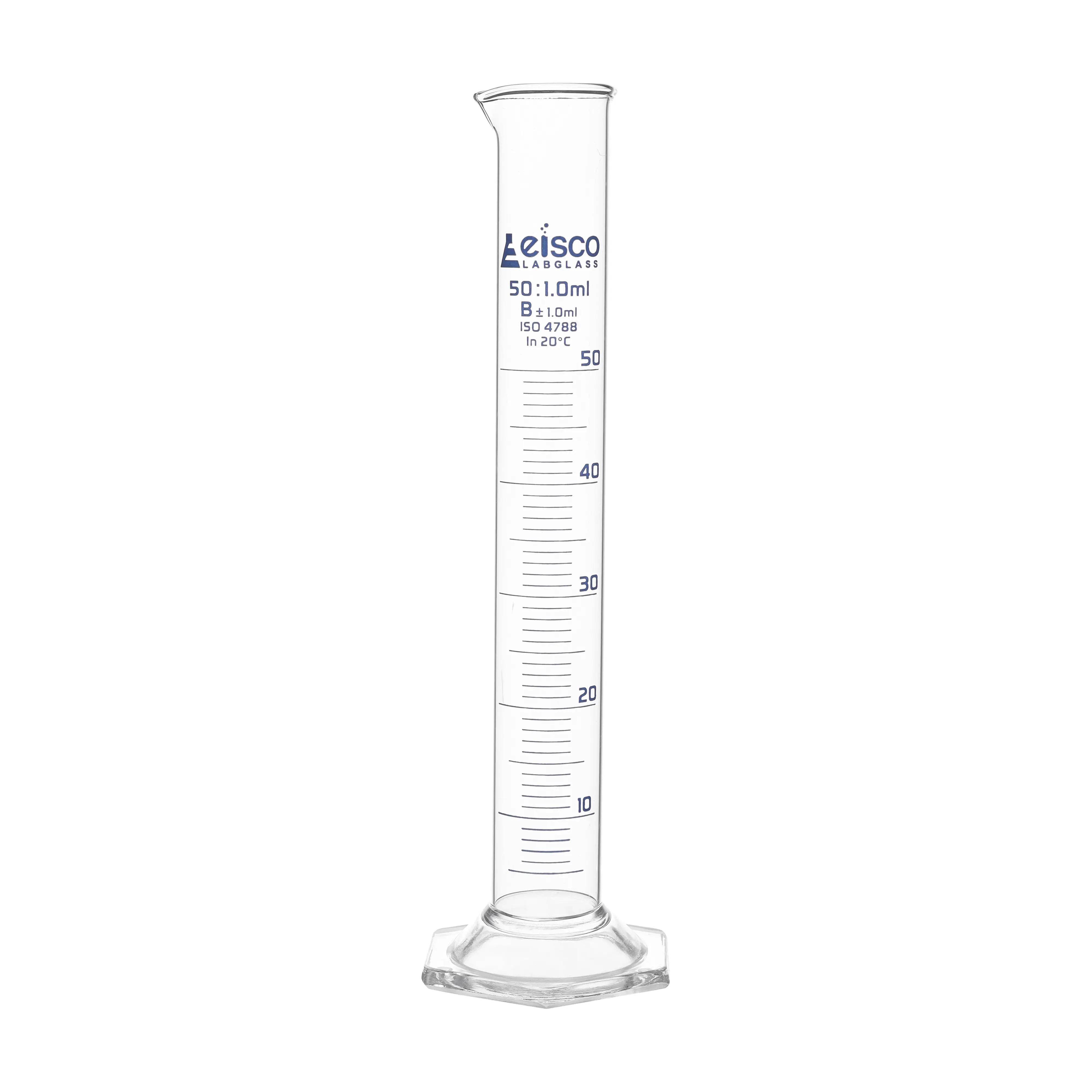 Cylinder Measuring Graduated, cap. 50ml., class 'B', Hex. base with spout, borosilicate glass, Blue Graduation