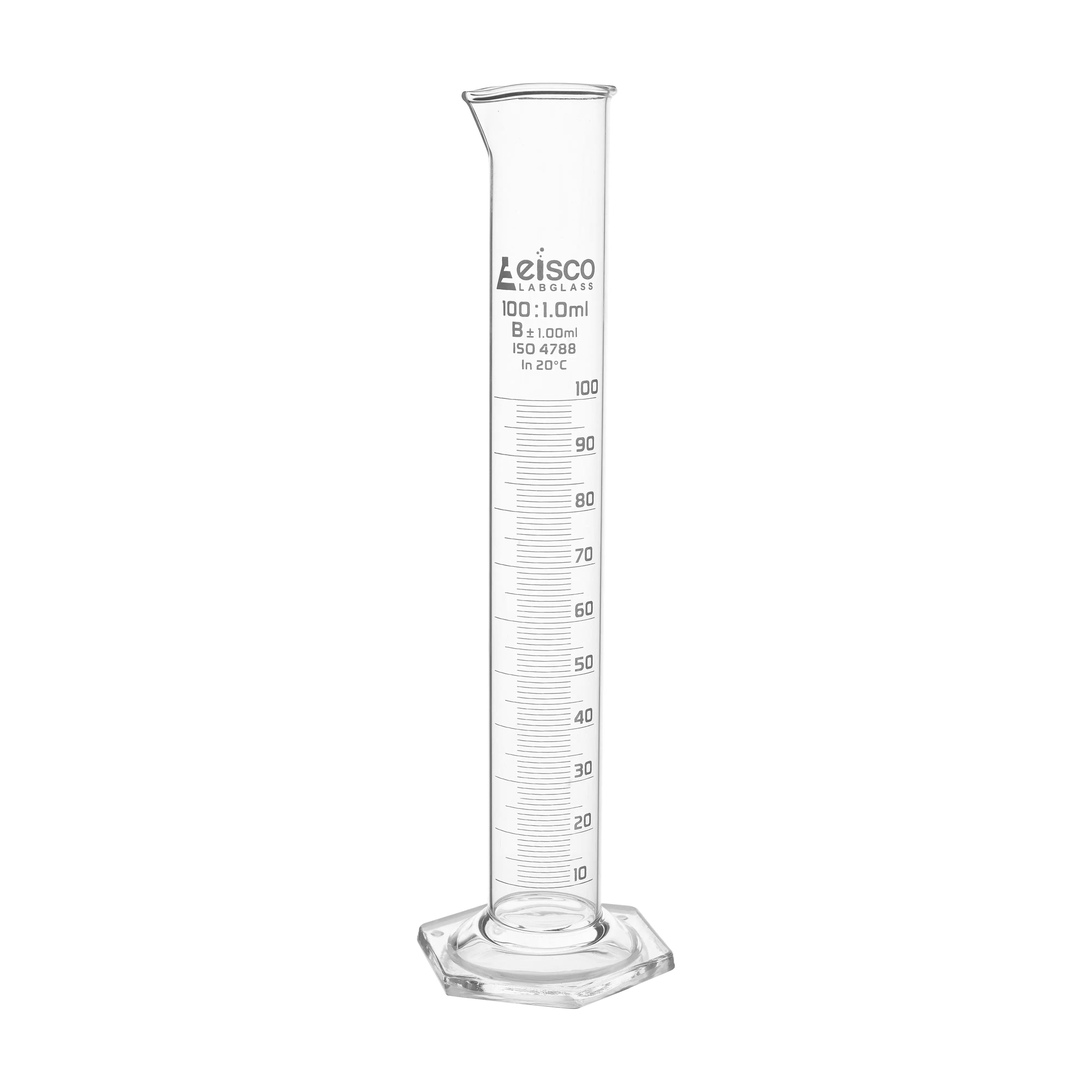 Cylinder Measuring Graduated, cap. 100ml., class 'B', Hex. base with spout, borosilicate glass, White Graduation