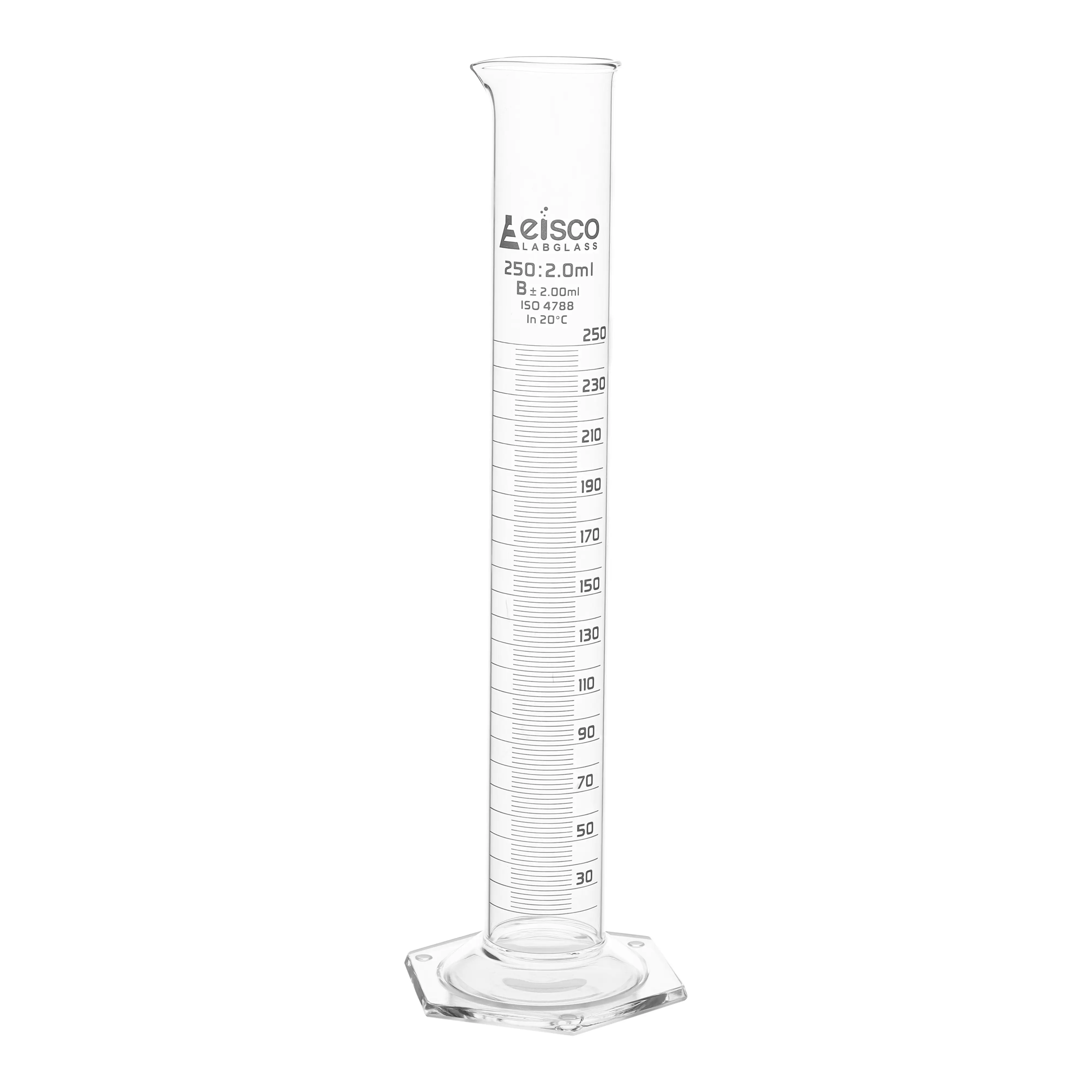 Cylinder Measuring Graduated, cap. 250ml., class 'B', Hex. base with spout, borosilicate glass, White Graduation