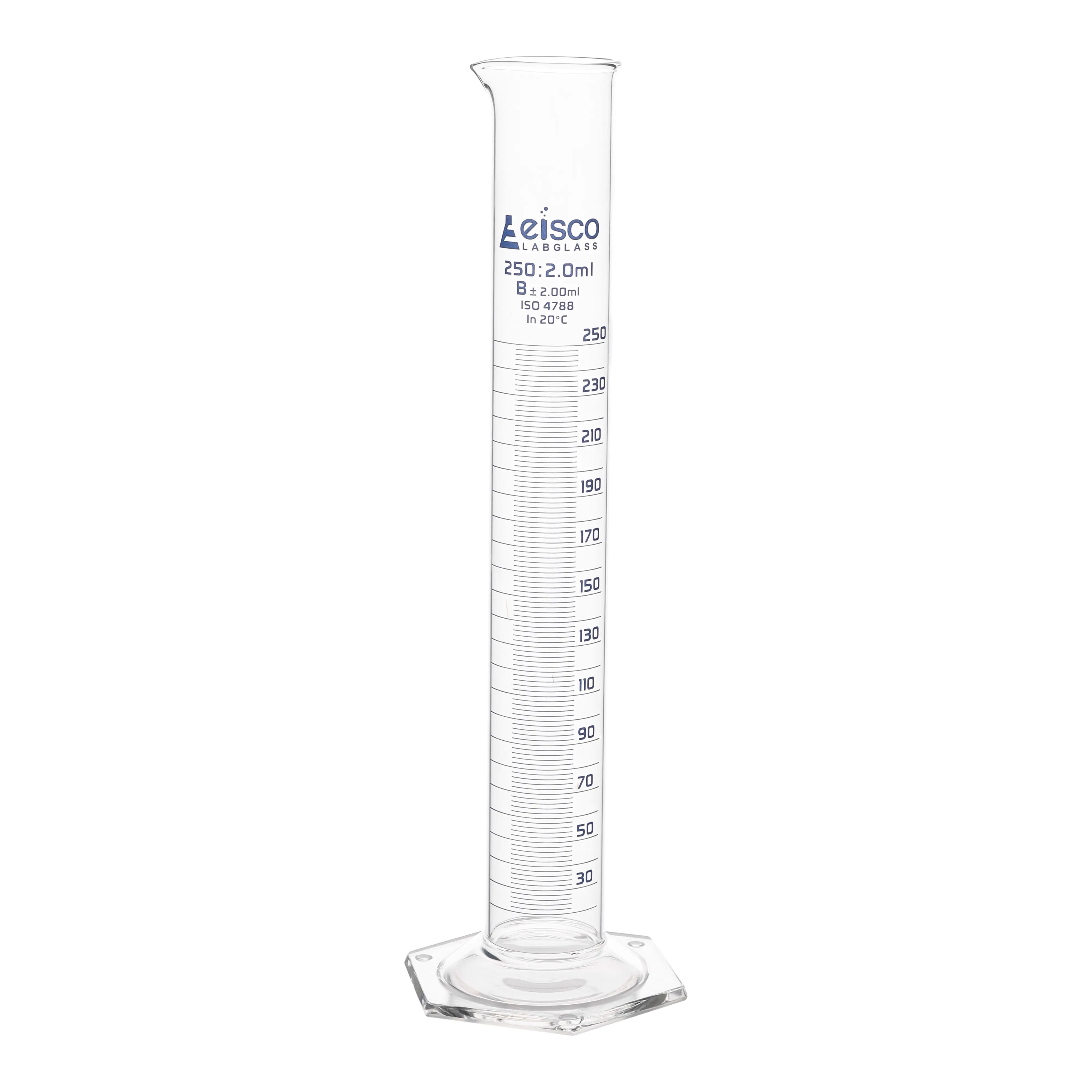 Cylinder Measuring Graduated, cap. 250ml., class 'B', Hex. base with spout, borosilicate glass, Blue Graduation