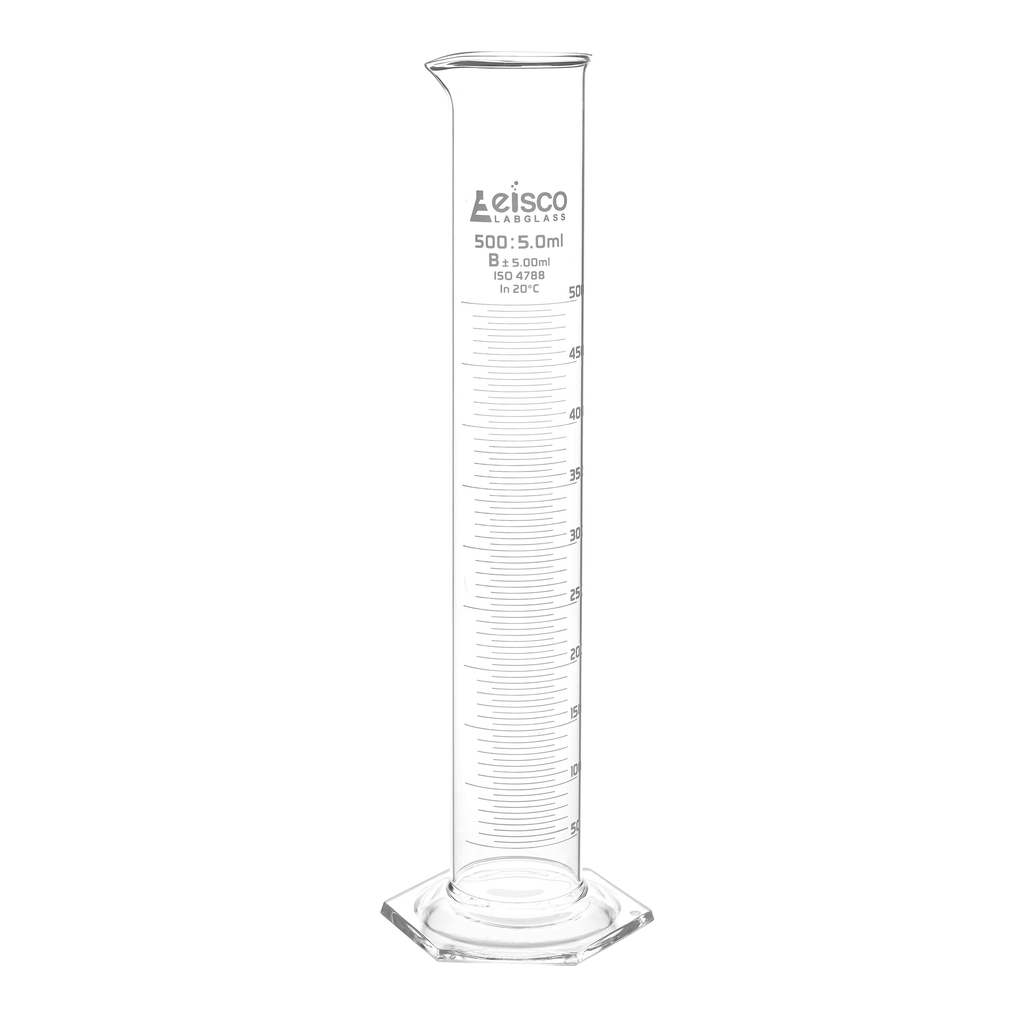 Cylinder Measuring Graduated, cap. 500ml., class 'B', Hex. base with spout, borosilicate glass, White Graduation