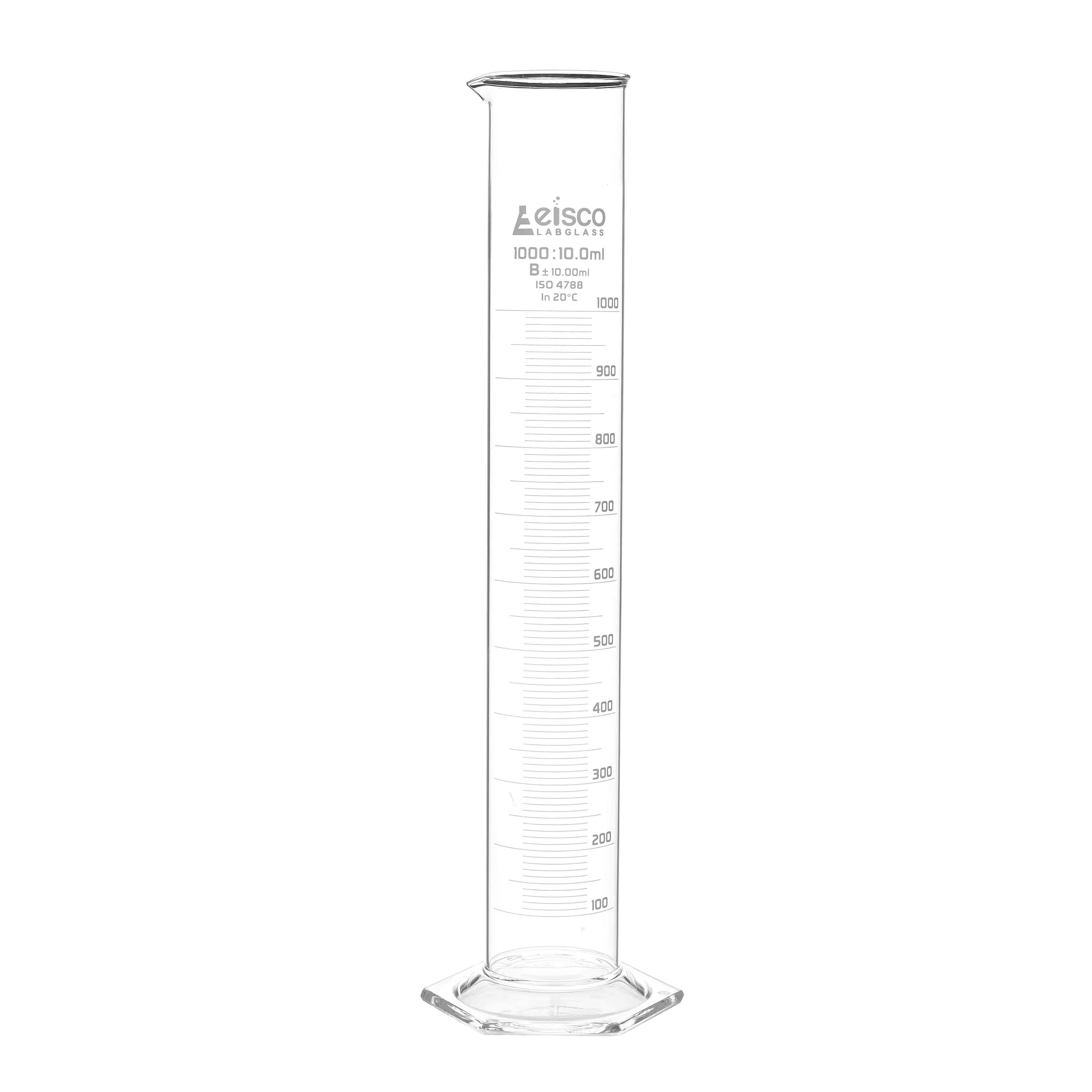Cylinder Measuring Graduated, cap. 2000ml., class 'B', Hex. base with spout, borosilicate glass, White Graduation