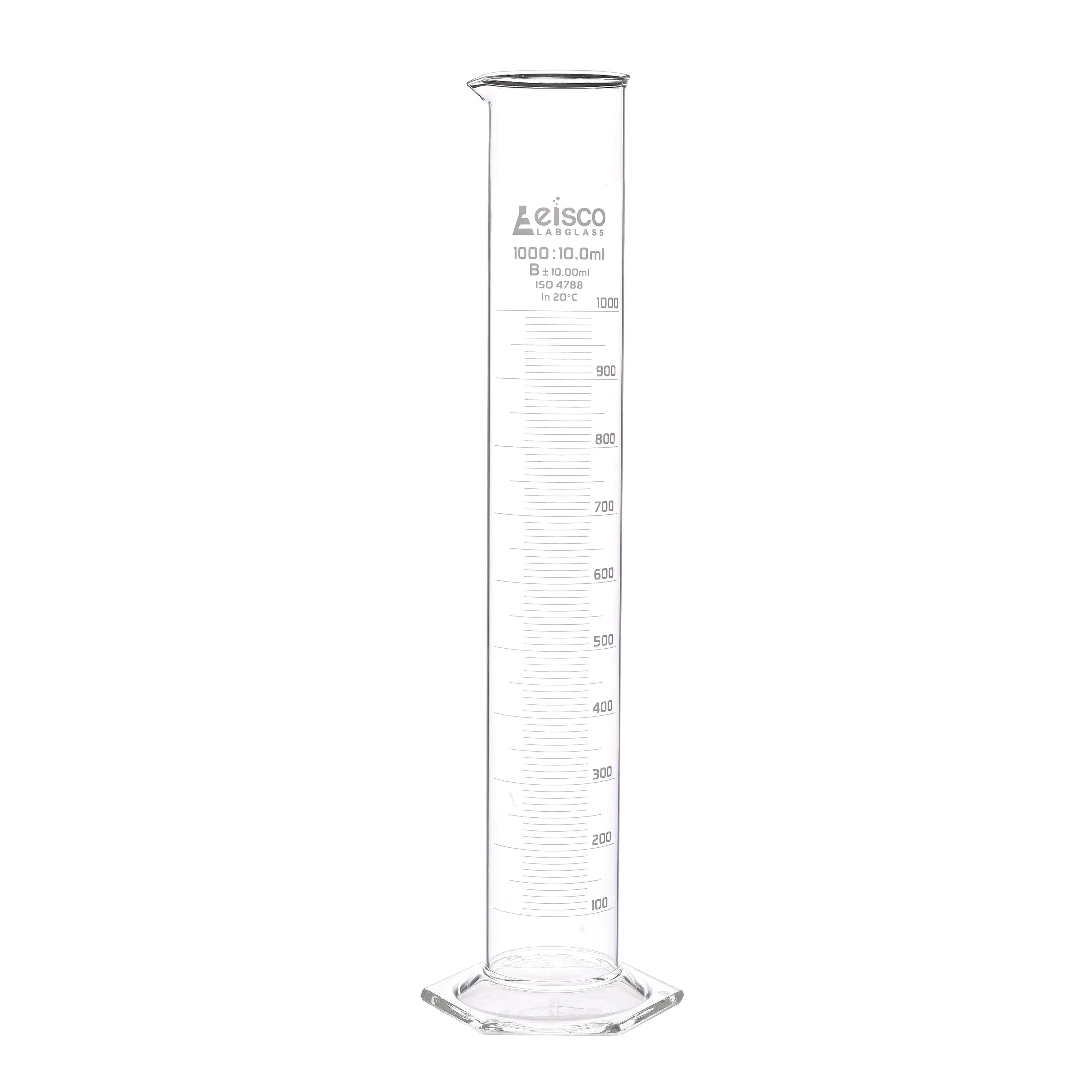 Cylinder Measuring Graduated, cap. 2000ml., class 'B', Hex. base with spout, borosilicate glass, Blue Graduation