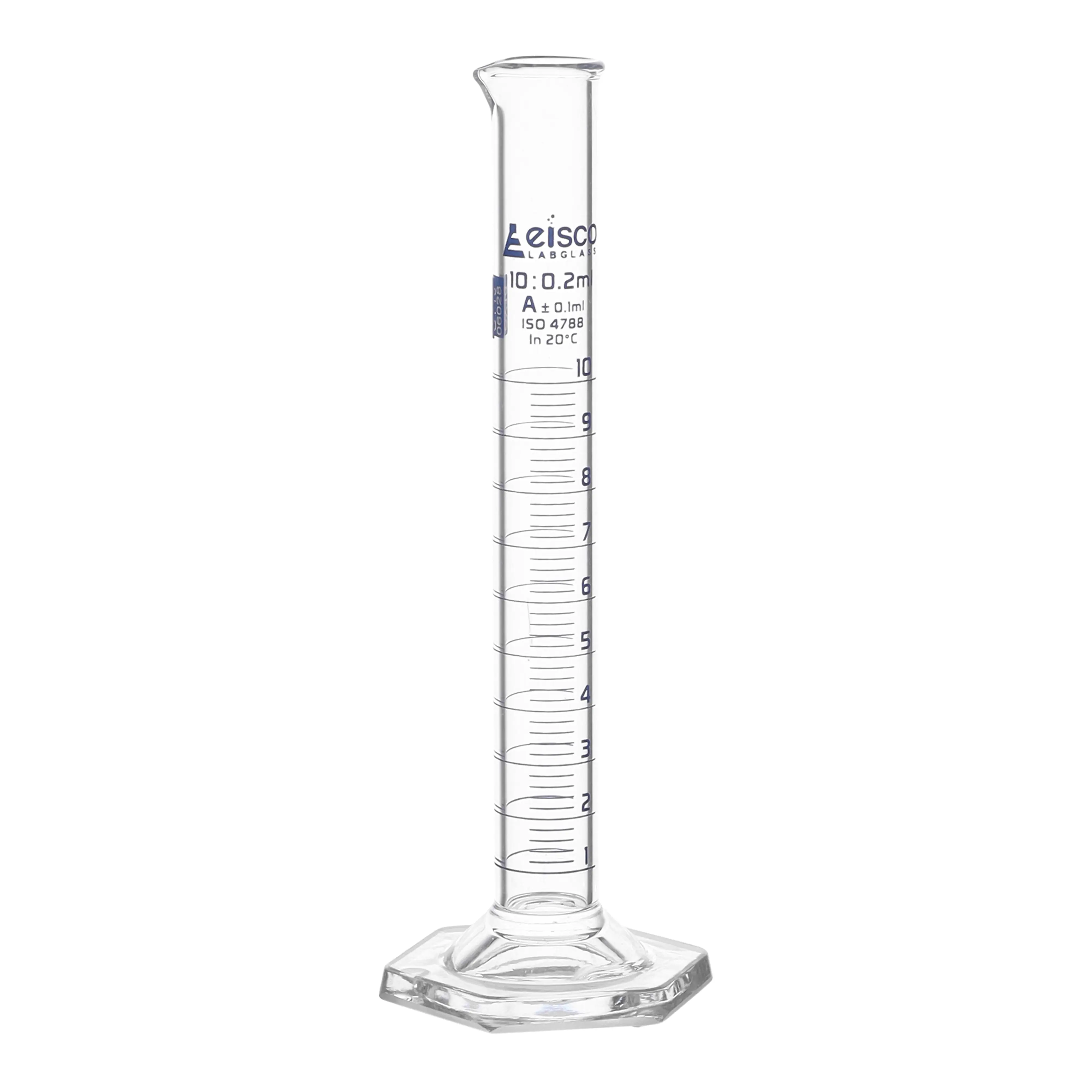 Cylinder Measuring Graduated, cap. 10ml., class 'A', Hex. base with spout, borosilicate glass, Blue Graduation