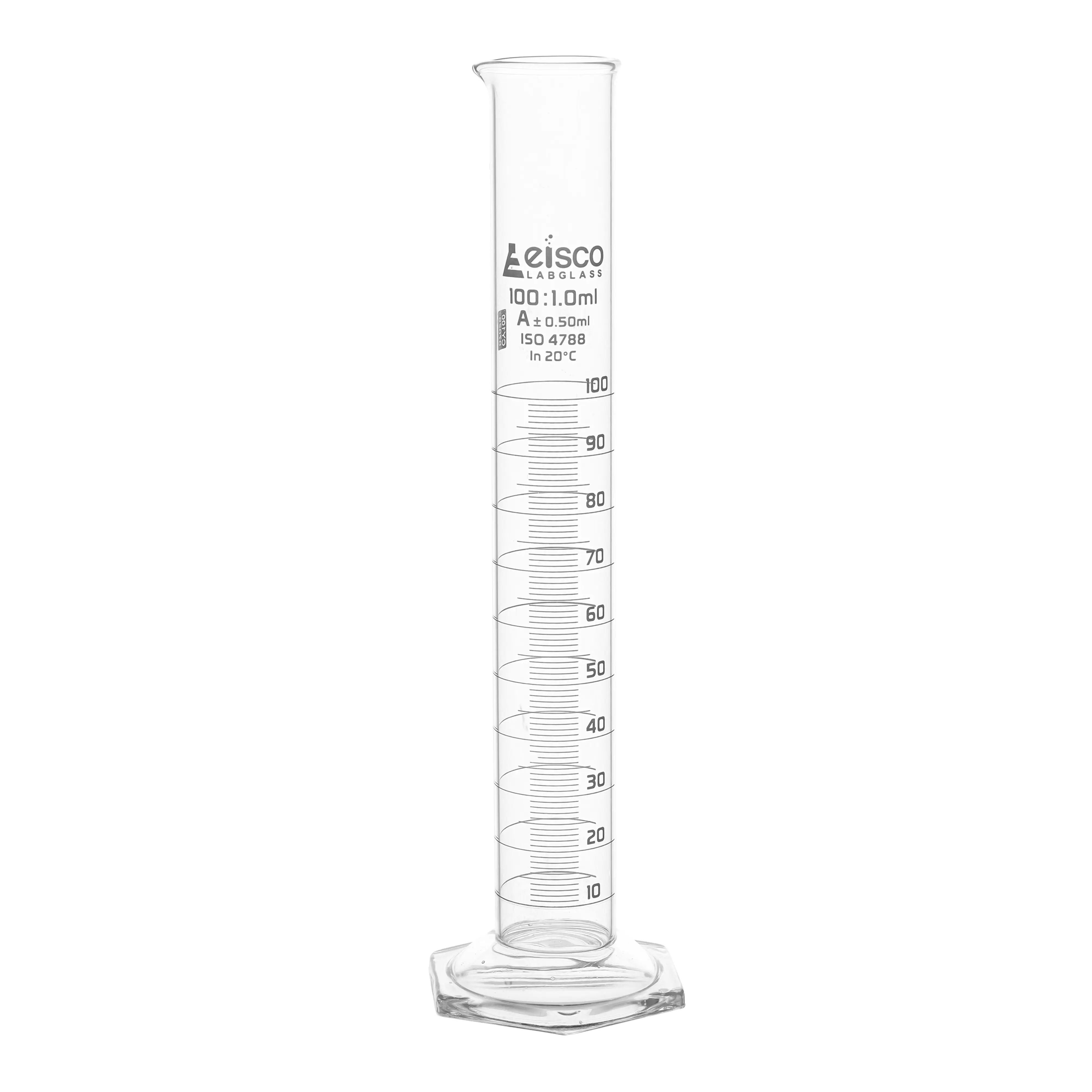 Cylinder Measuring Graduated, cap. 100ml., class 'A', Hex. base with spout, borosilicate glass, White Graduation
