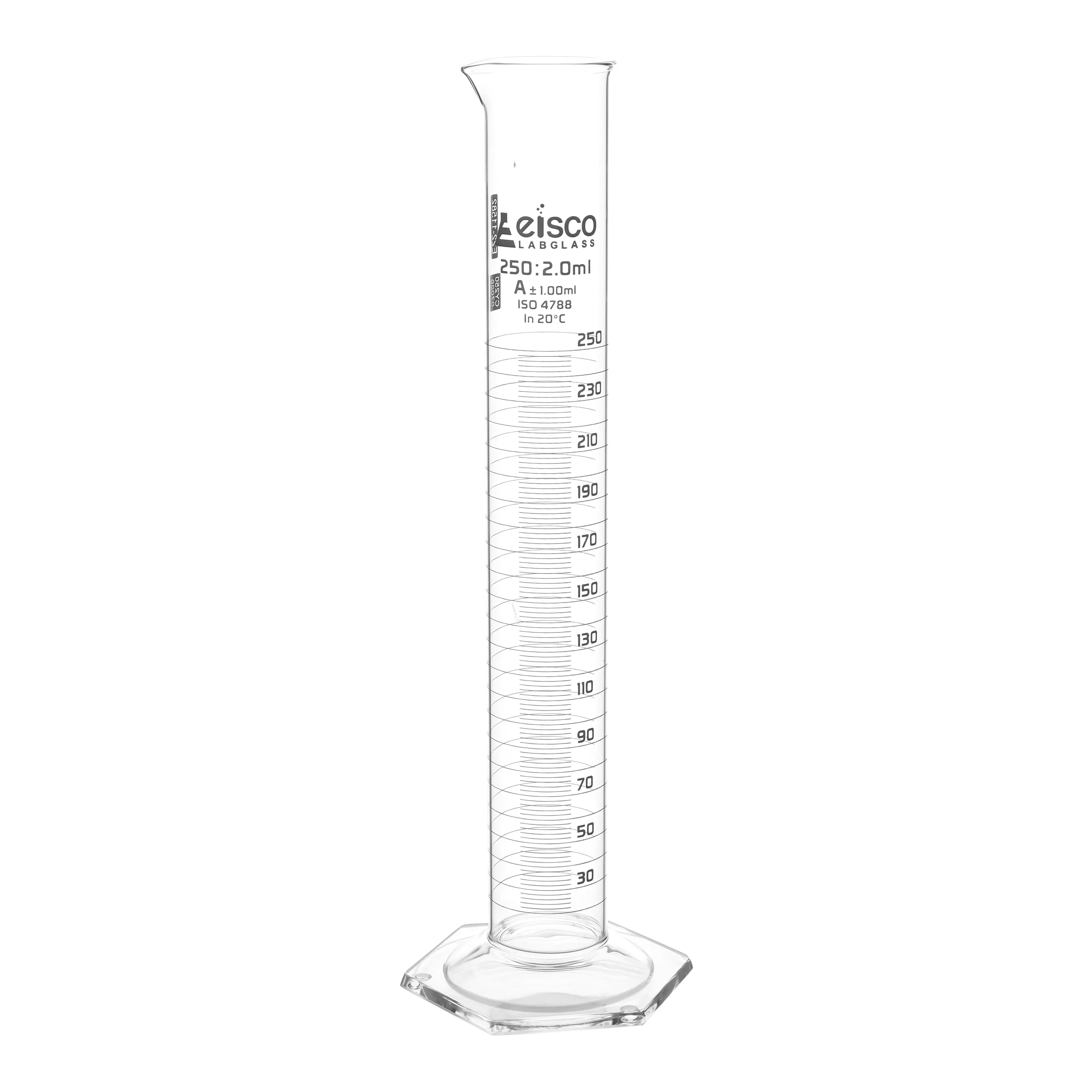 Cylinder Measuring Graduated, cap. 250ml., class 'A', Hex. base with spout, borosilicate glass, White Graduation