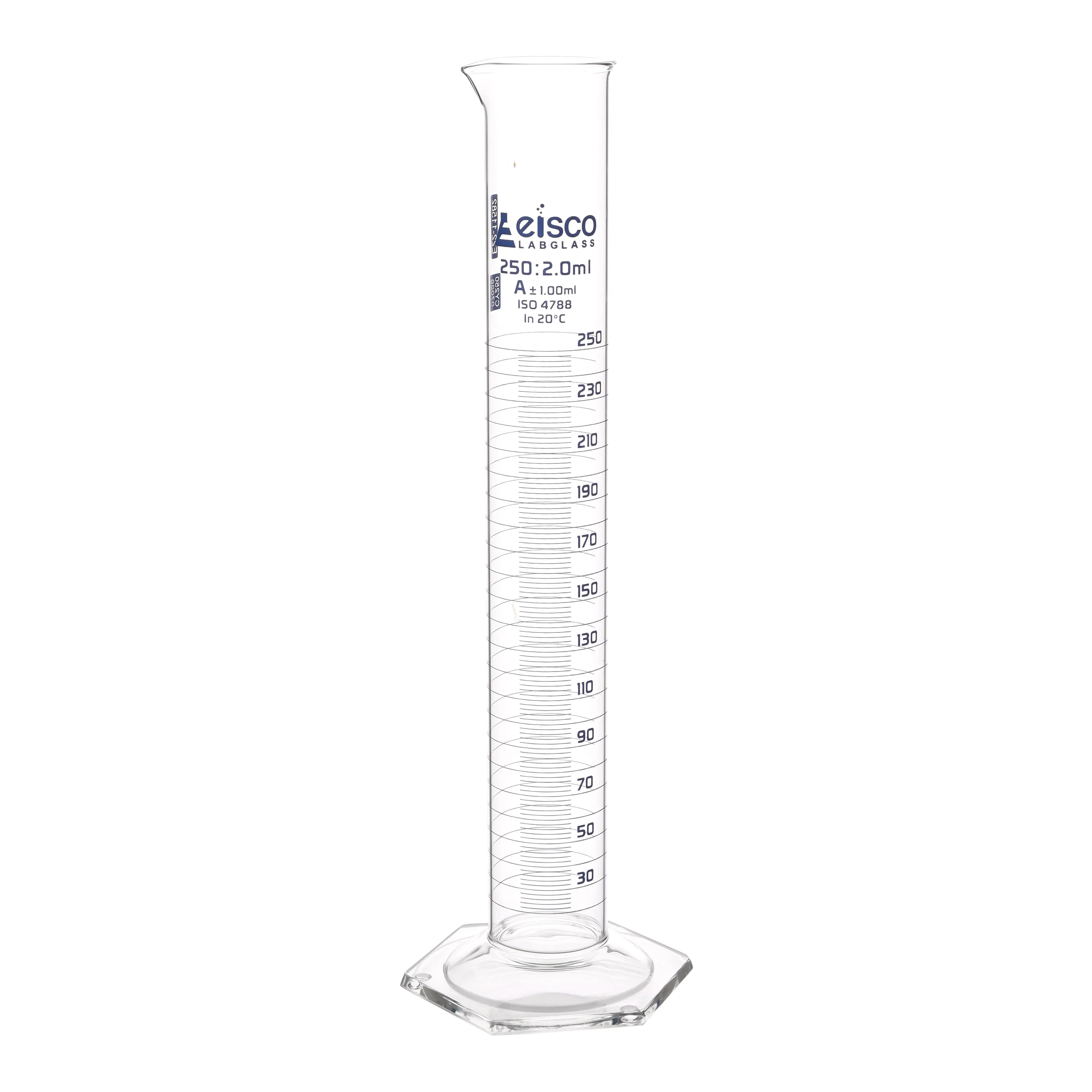 Cylinder Measuring Graduated, cap. 250ml., class 'A', Hex. base with spout, borosilicate glass, Blue Graduation
