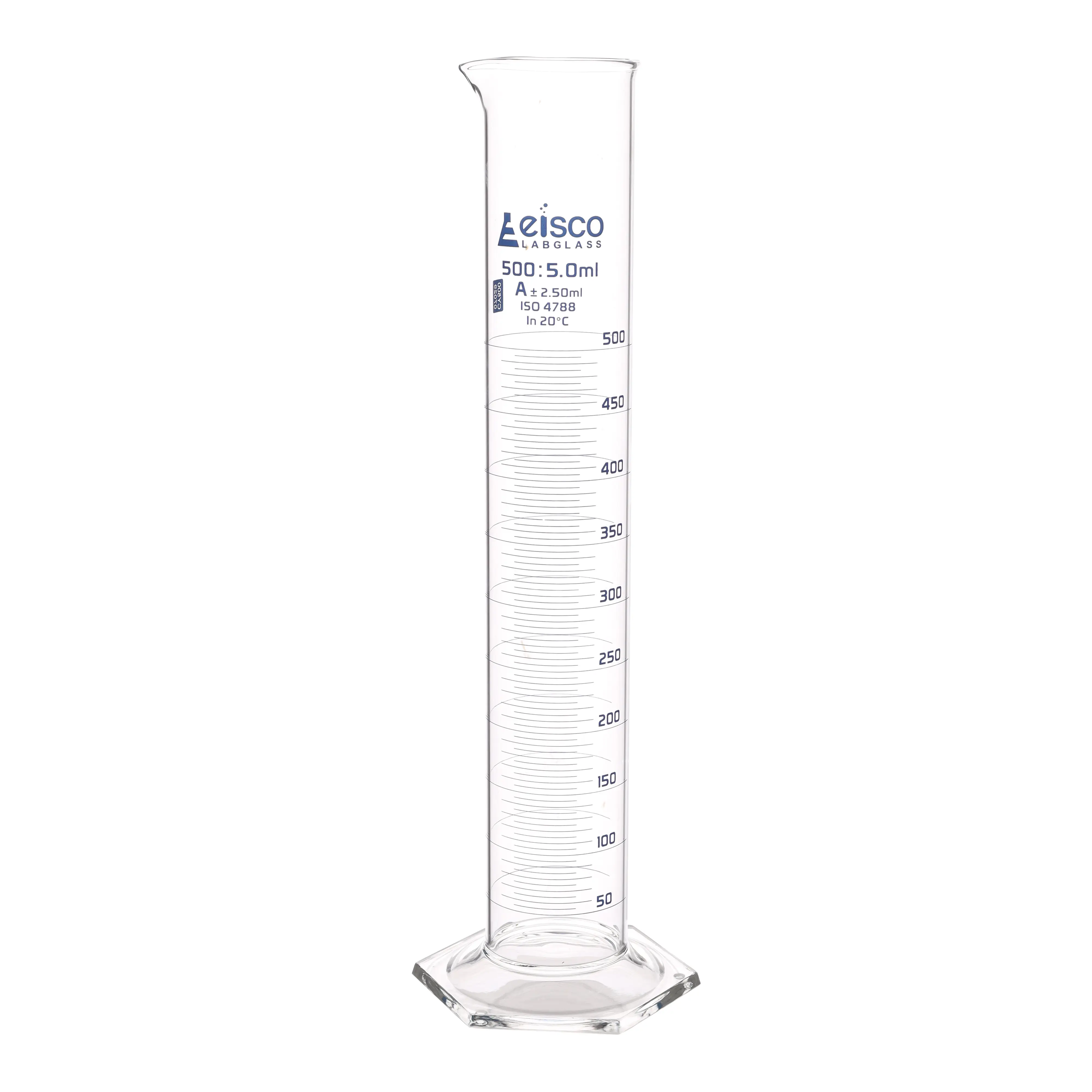 Cylinder Measuring Graduated, cap. 500ml., class 'A', Hex. base with spout, borosilicate glass, Blue Graduation