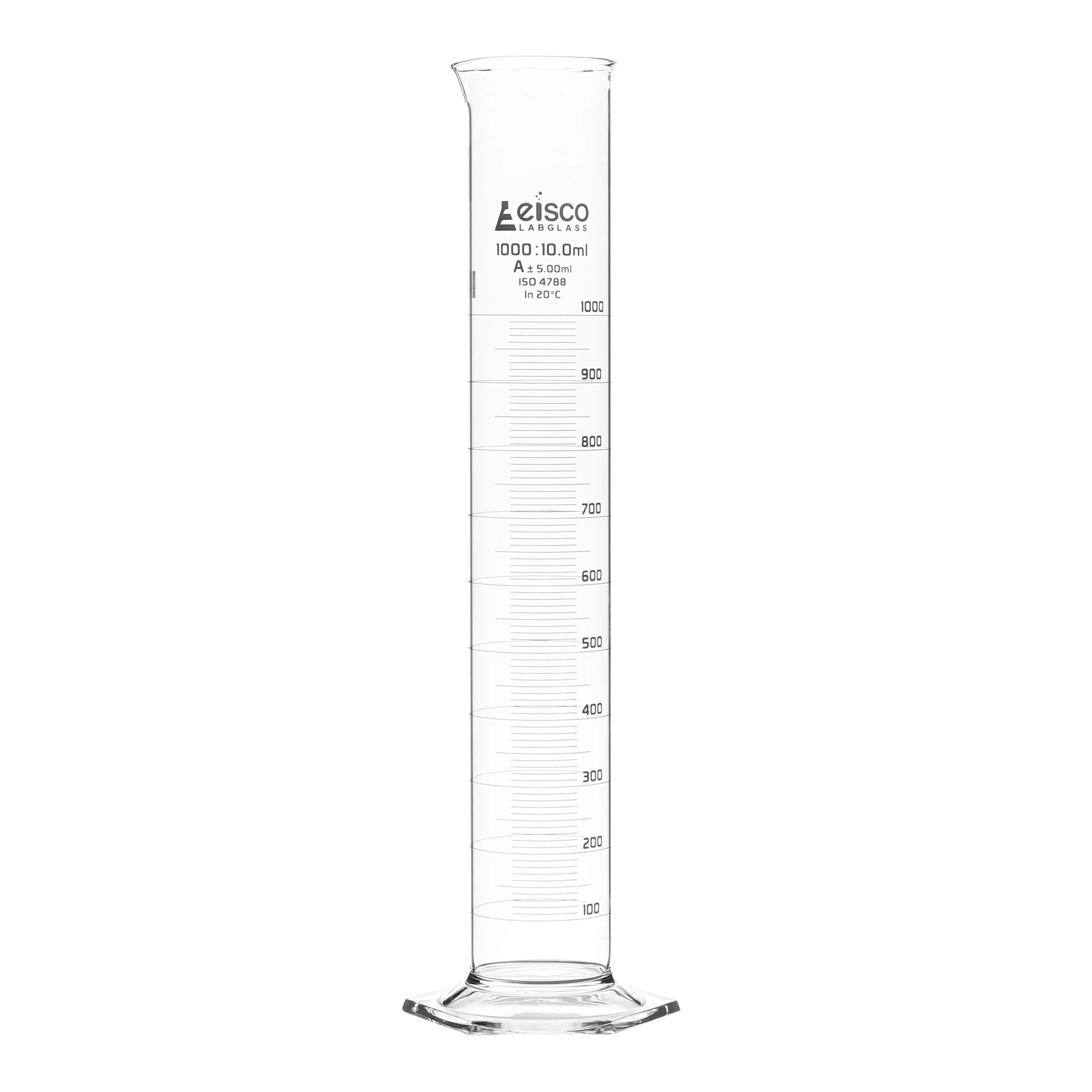 Cylinder Measuring Graduated, cap. 2000ml., class 'A', Hex. base with spout, borosilicate glass, White Graduation