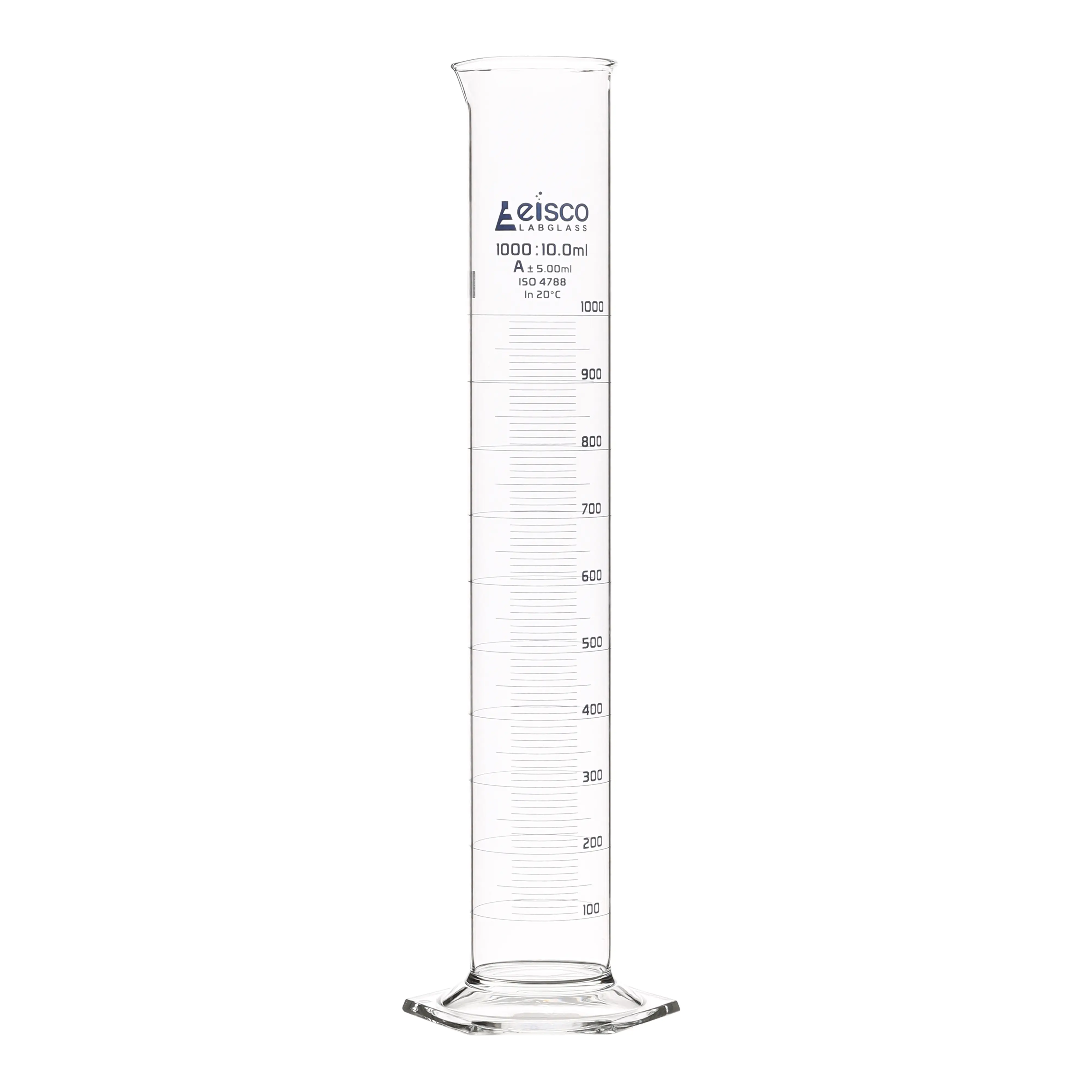 Cylinder Measuring Graduated, cap. 2000ml., class 'A', Hex. base with spout, borosilicate glass, Blue Graduation