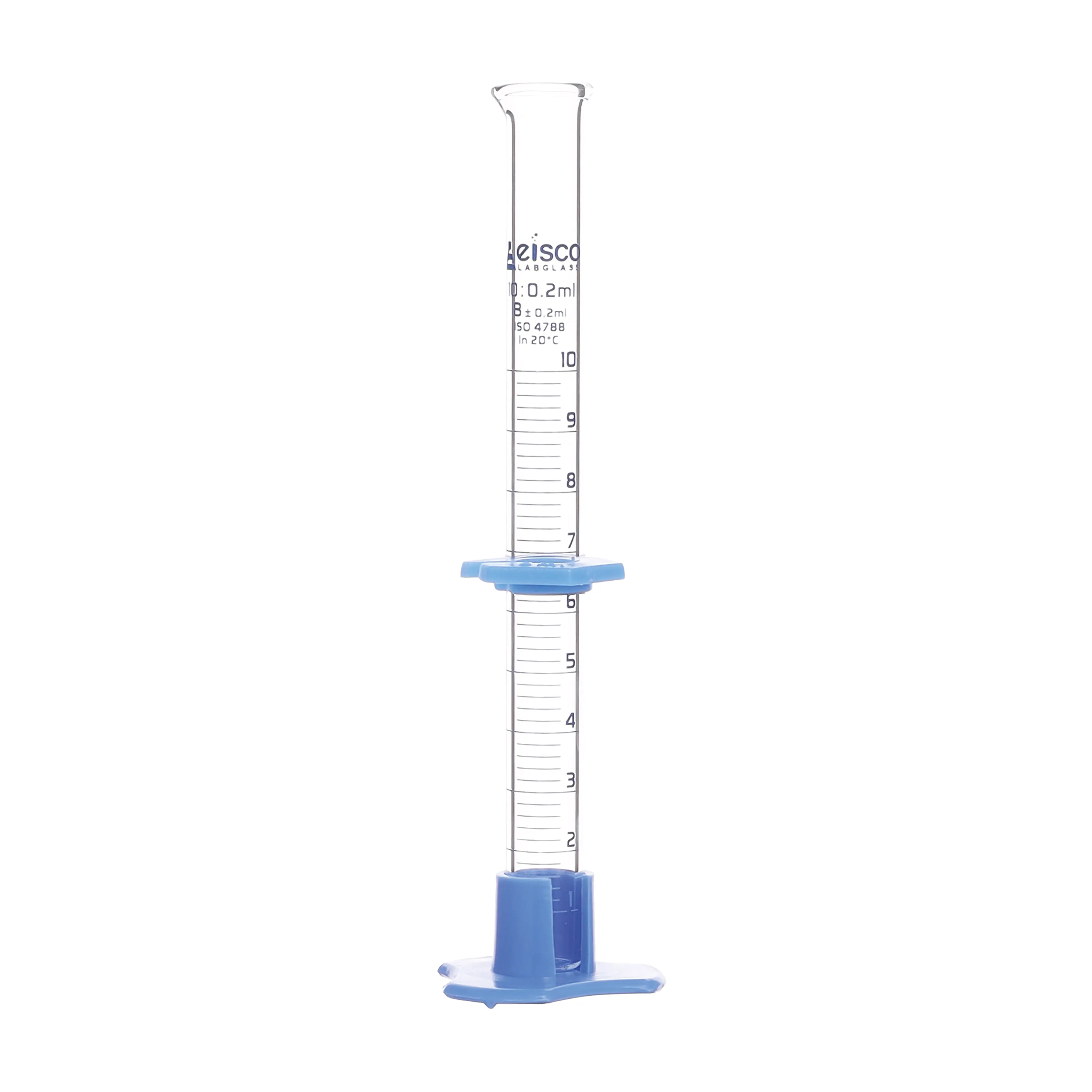 Cylinder Measuring Graduated, cap. 10ml., class 'B', detachable plastic hex. base with spout and protection collar, borosilicate glass, Blue Graduation