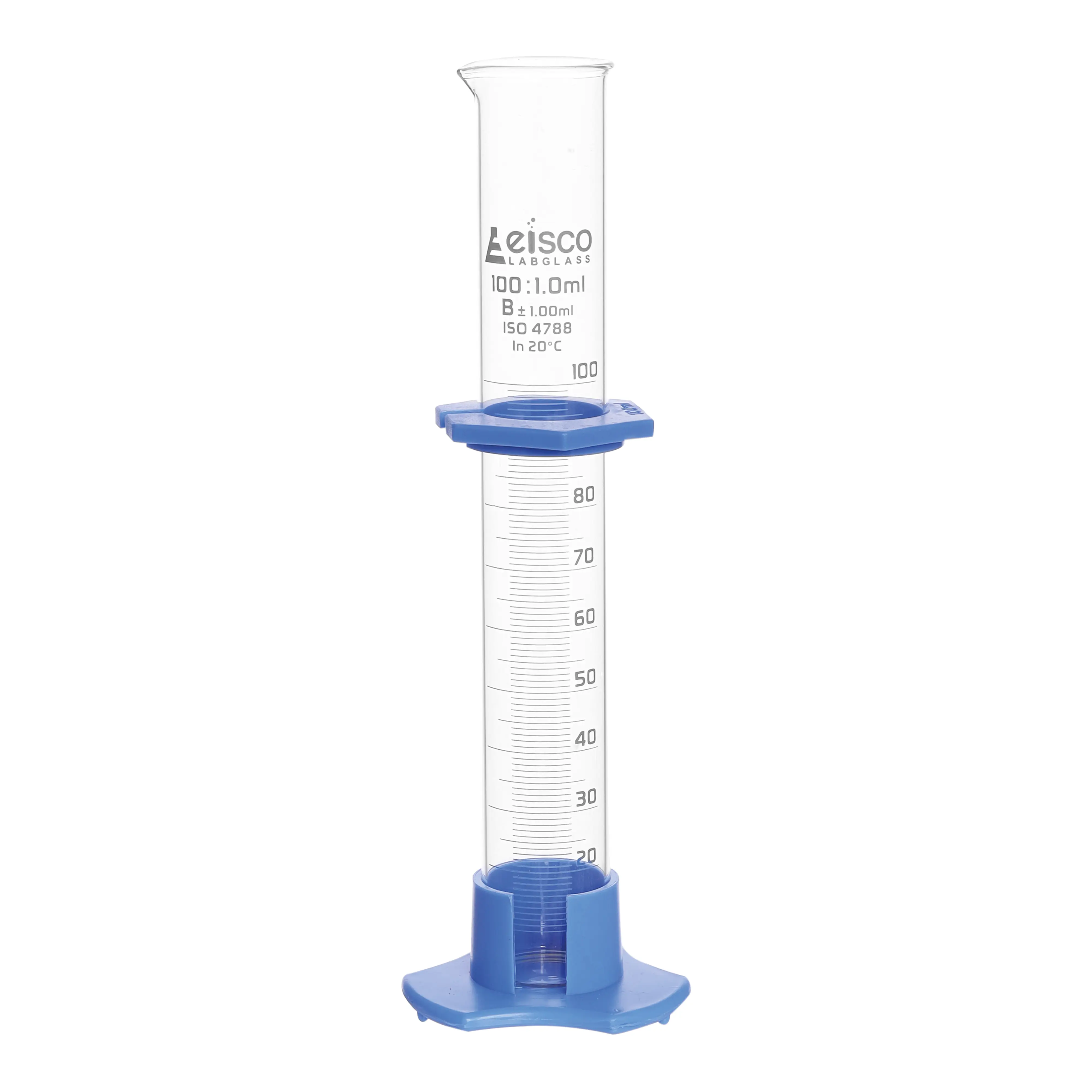 Cylinder Measuring Graduated, cap. 25ml., class 'B', detachable plastic hex. base with spout and protection collar, borosilicate glass, Blue Graduation