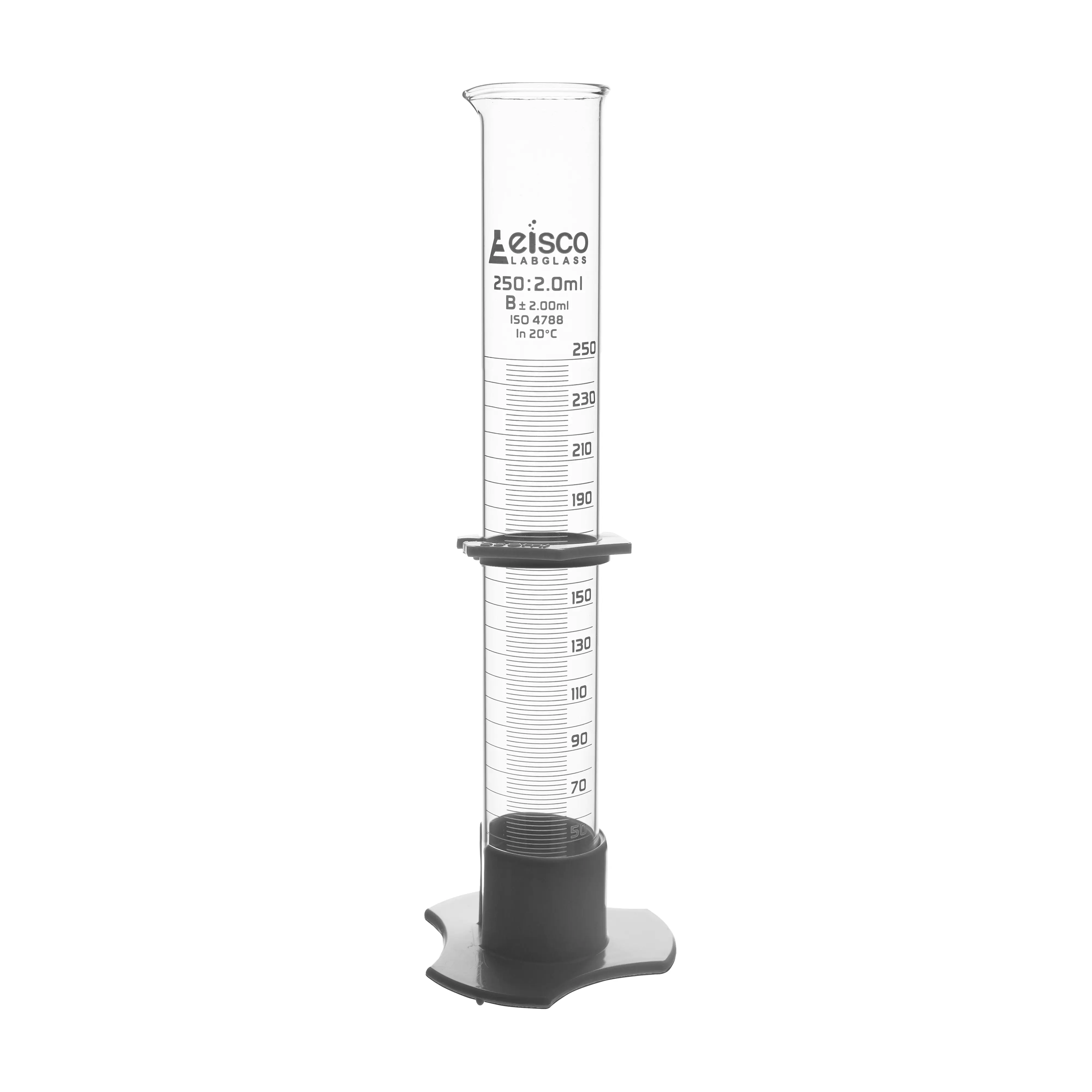 Cylinder Measuring Graduated, cap. 50ml., class 'B', detachable plastic hex. base with spout and protection collar, borosilicate glass, White Graduation
