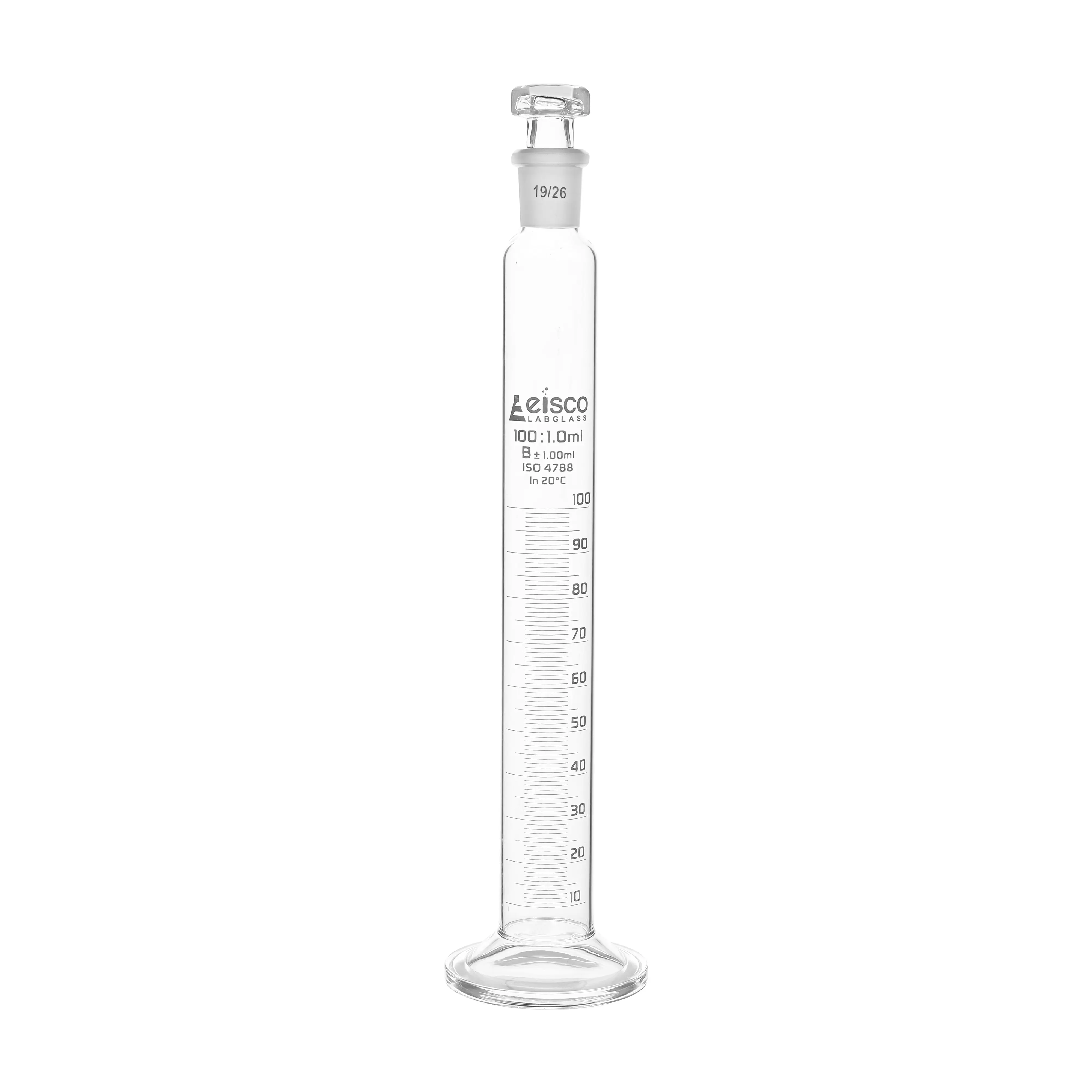 Cylinder Measuring Graduated, cap. 10ml., class 'B', glass round base, complete with interchangeable polypropylene stopper, borosilicate glass, White Graduation