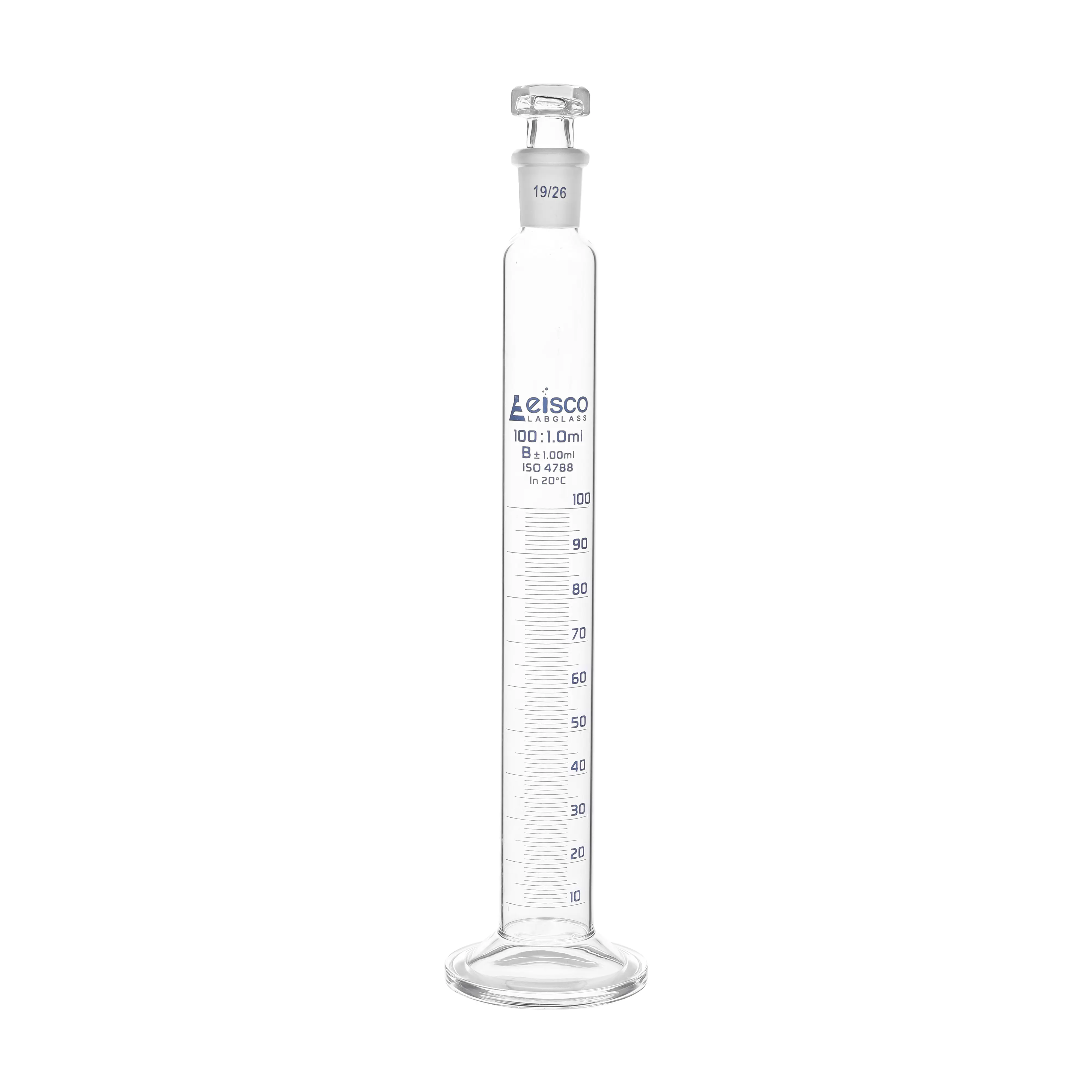 Cylinder Measuring Graduated, cap. 10ml., class 'B', glass round base, complete with interchangeable polypropylene stopper, borosilicate glass, Blue Graduation