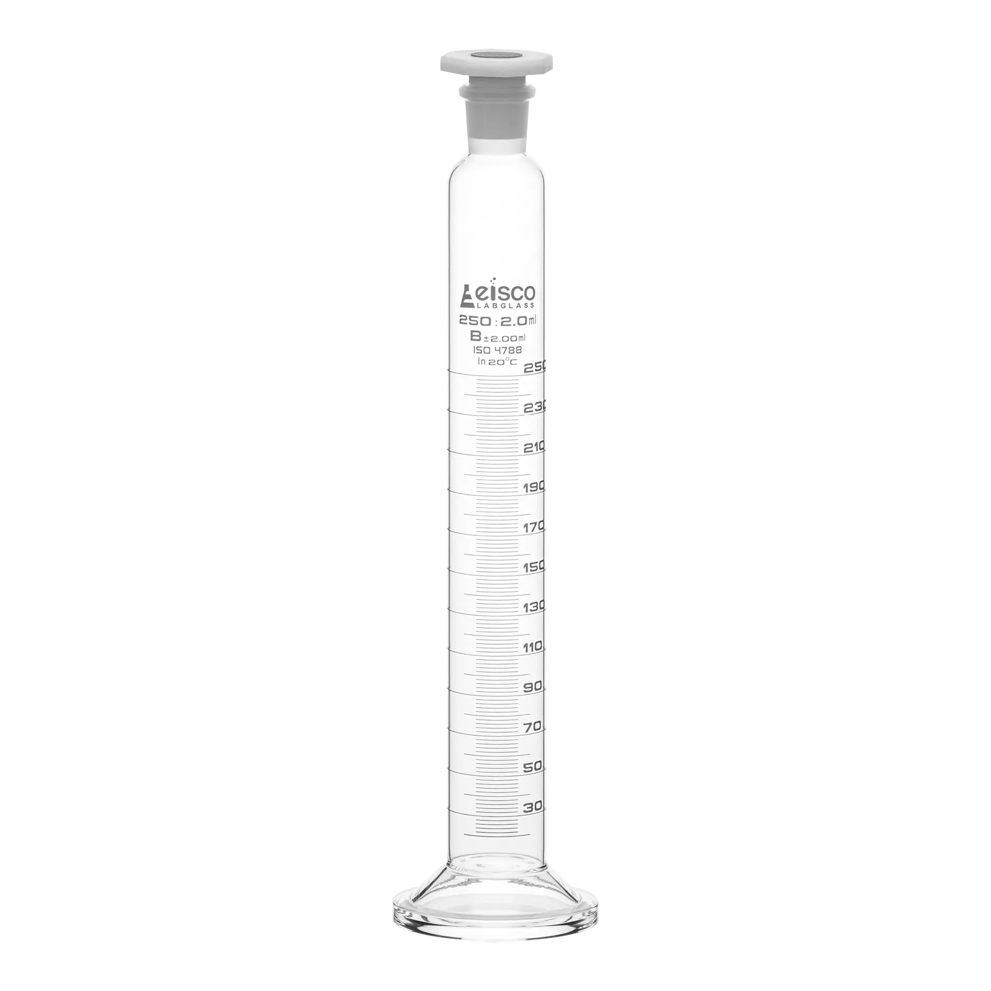 Cylinder Measuring Graduated, cap. 250ml., class 'B', glass round base, complete with interchangeable polypropylene stopper, borosilicate glass, White Graduation
