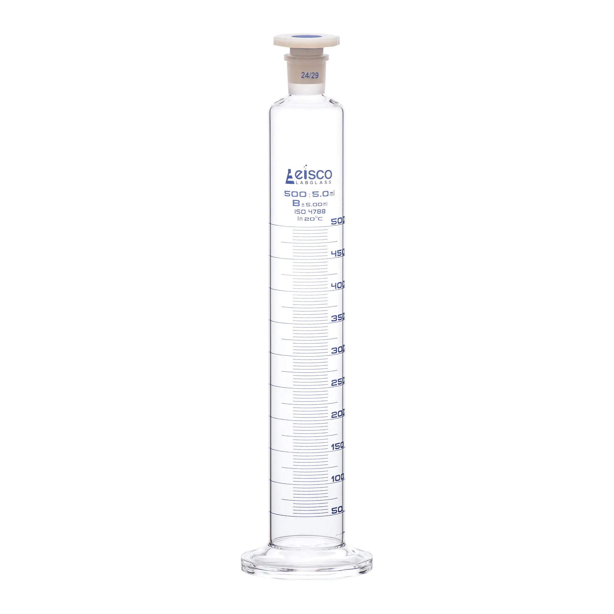 Cylinder Measuring Graduated, cap. 500ml., class 'B', glass round base, complete with interchangeable polypropylene stopper, borosilicate glass, Blue Graduation