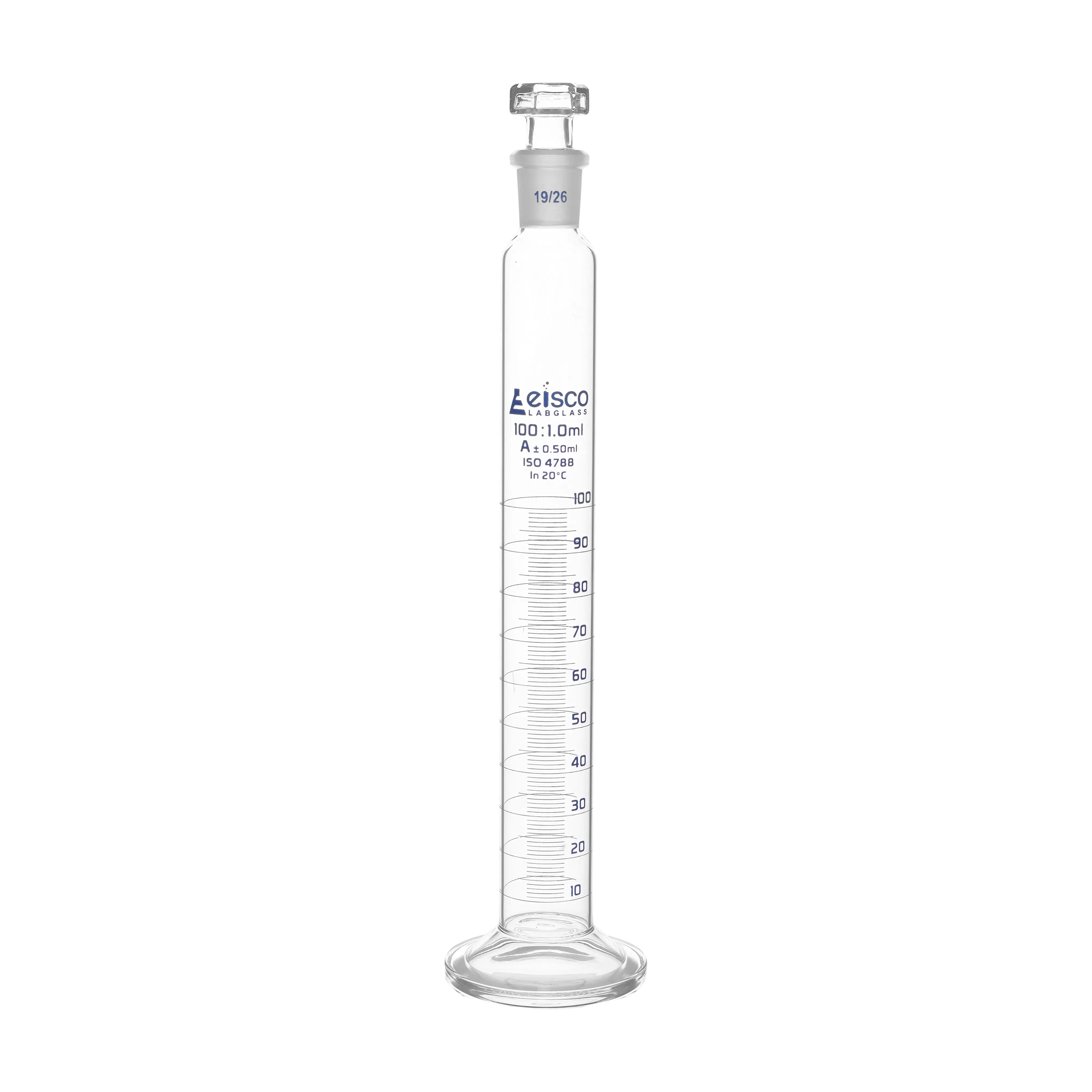 Cylinder Measuring Graduated, cap. 250ml., class 'A', glass round base, complete with interchangeable polypropylene stopper, borosilicate glass, Blue Graduation