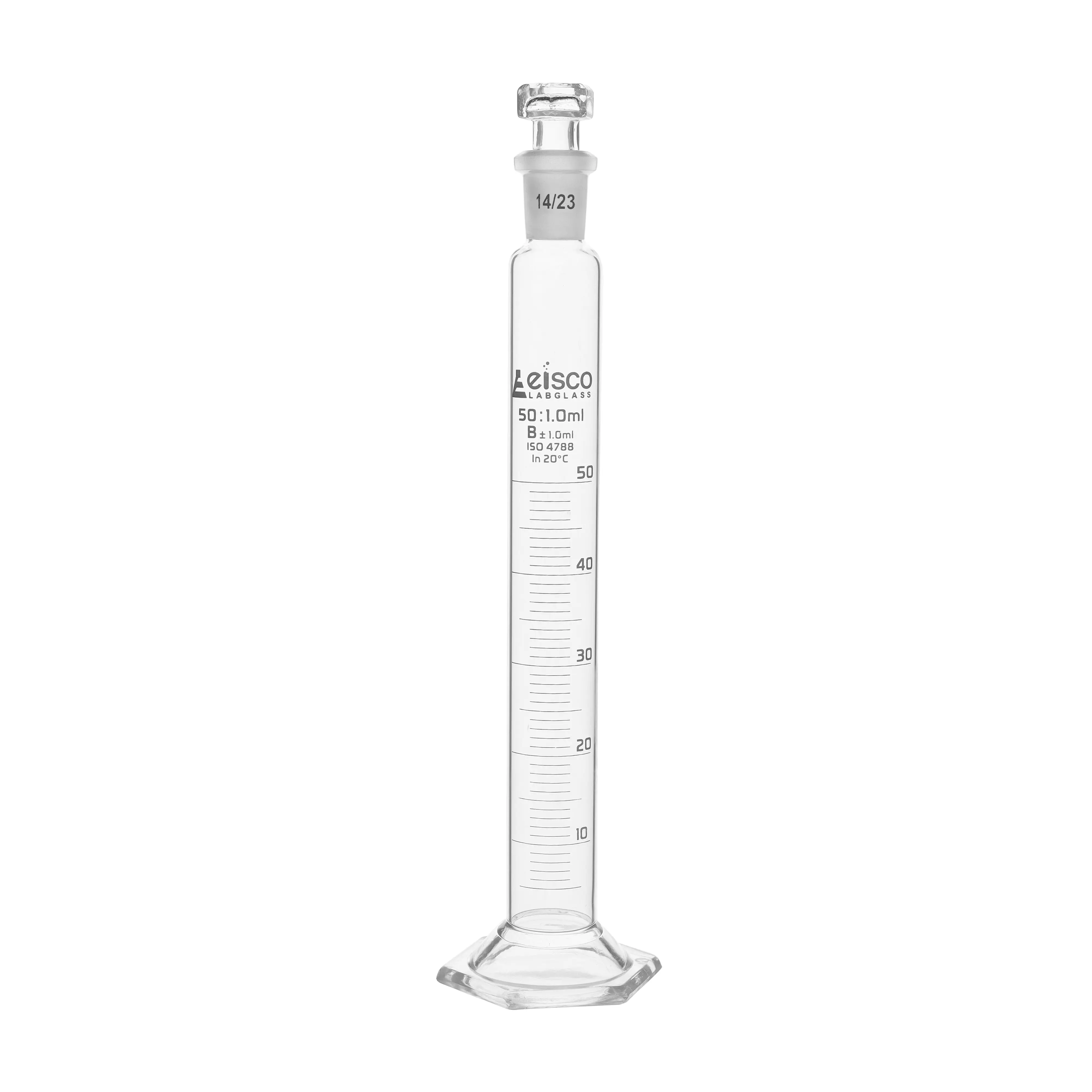 Cylinder Measuring Graduated, cap. 10ml., class 'B', glass hex. base, complete with interchangeable polypropylene stopper, borosilicate glass, White Graduation