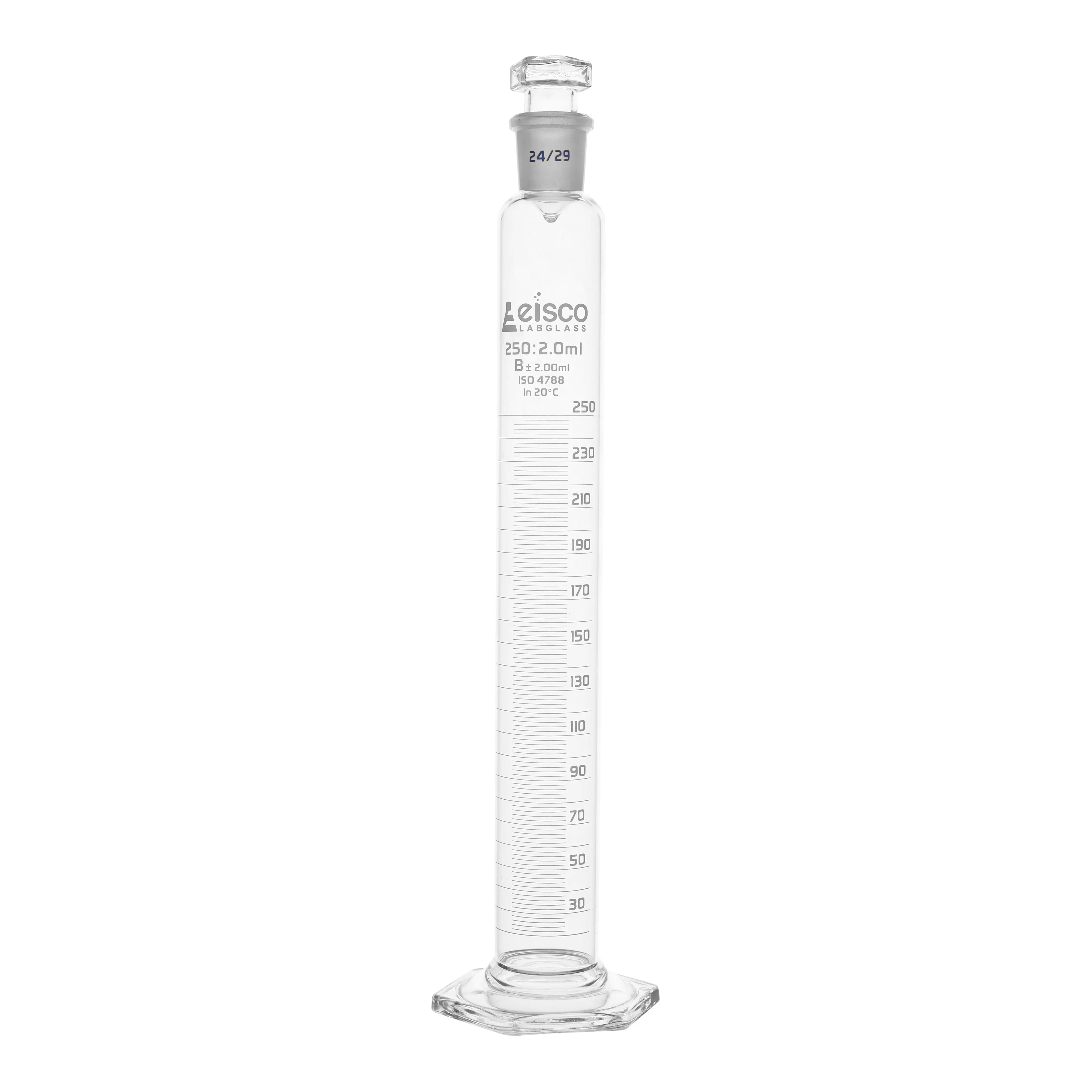 Cylinder Measuring Graduated, cap. 500ml., class 'B', glass hex. base, complete with interchangeable polypropylene stopper, borosilicate glass, Blue Graduation