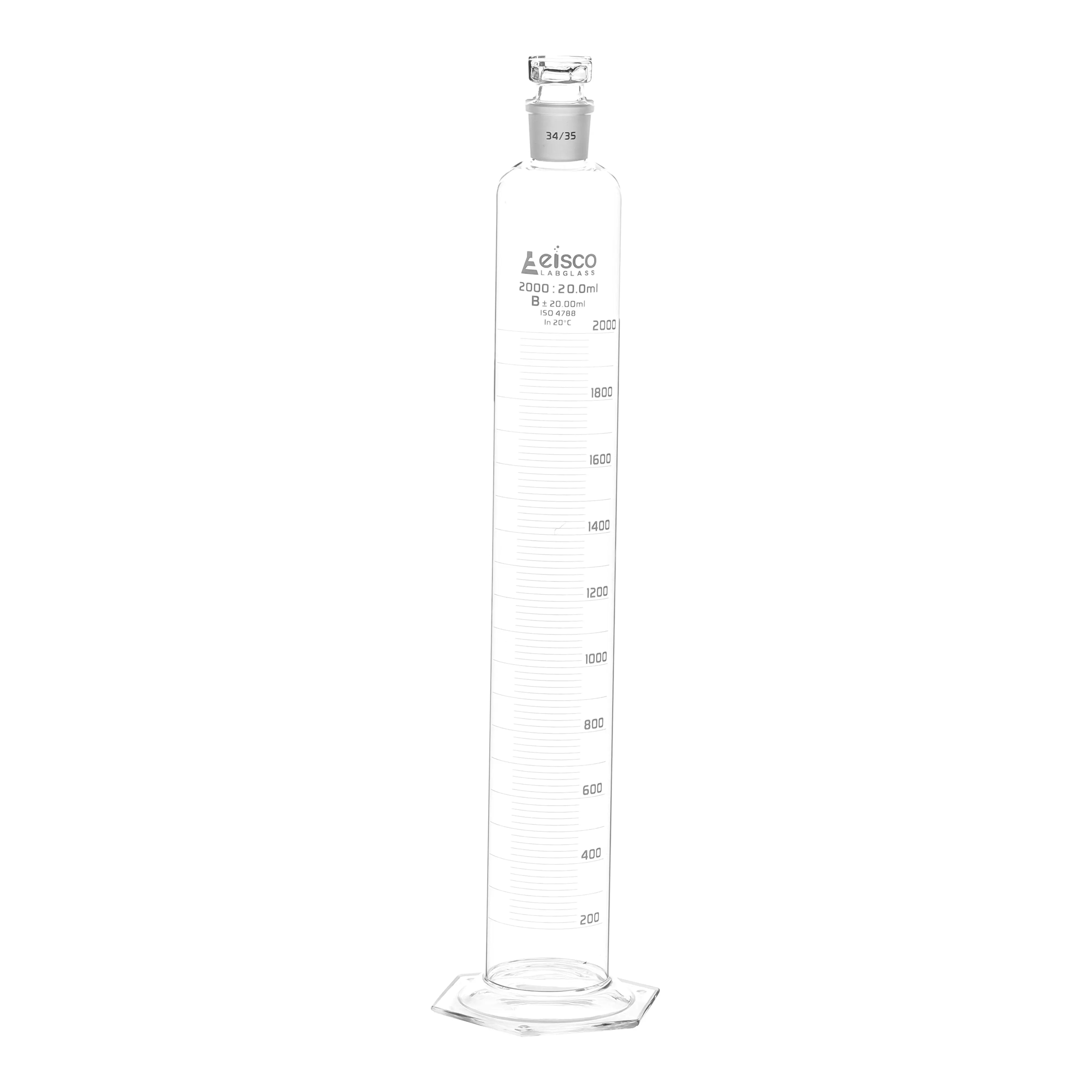 Cylinder Measuring Graduated, cap. 2000ml., class 'B', glass hex. base, complete with interchangeable polypropylene stopper, borosilicate glass, White Graduation