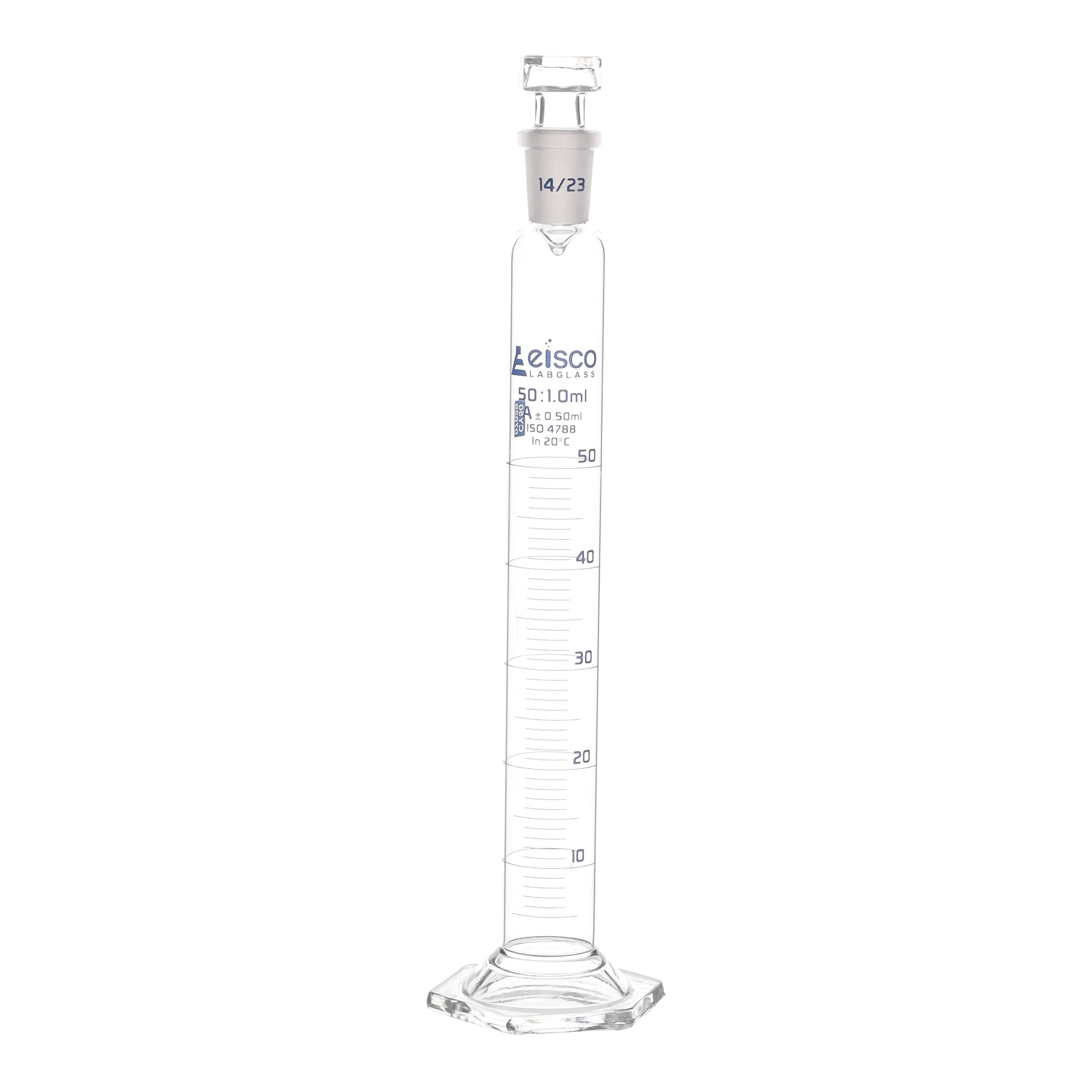 Cylinder Measuring Graduated, cap. 50ml., class 'A', glass hex. base, complete with interchangeable polypropylene stopper, borosilicate glass, Blue Graduation