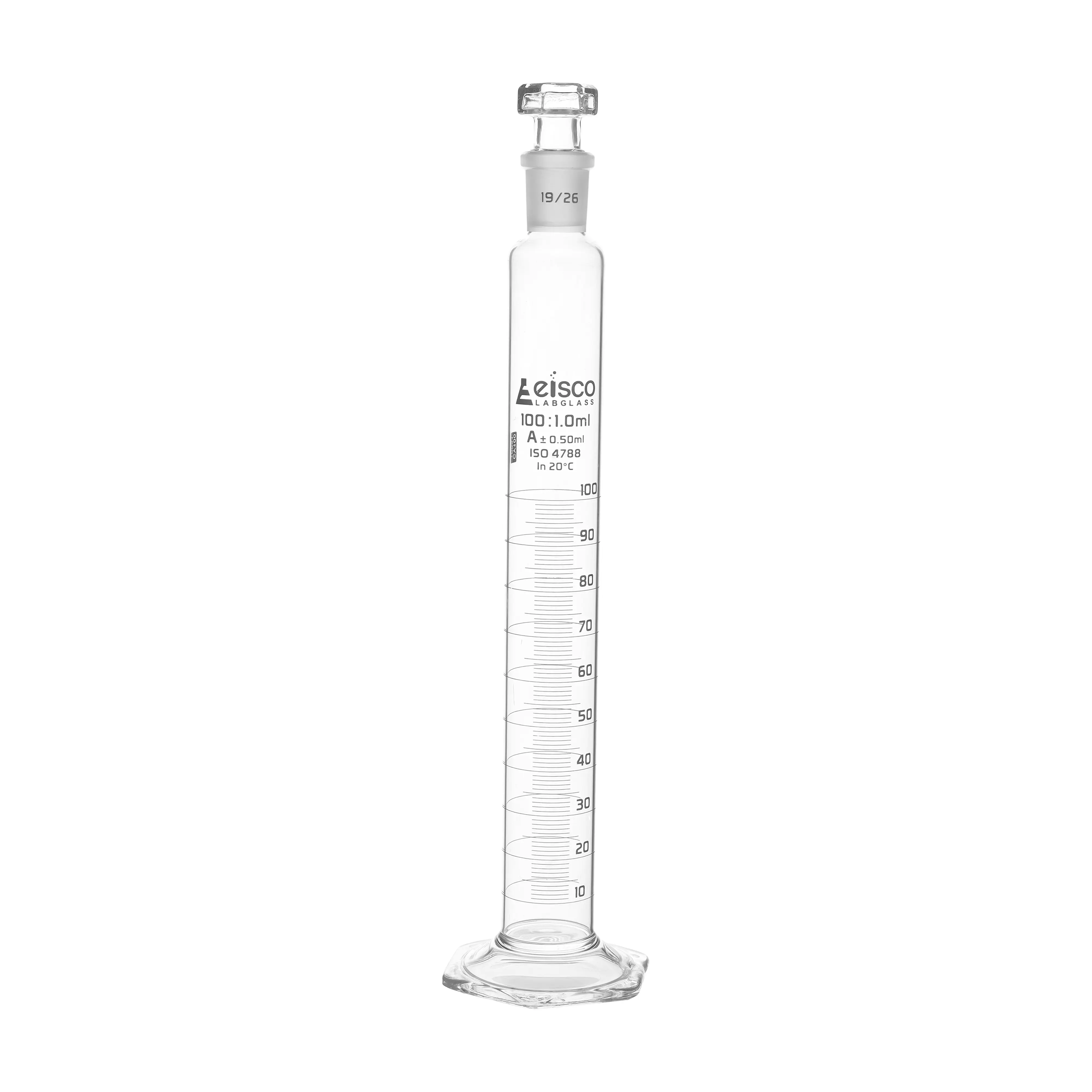 Cylinder Measuring Graduated, cap. 100ml., class 'A', glass hex. base, complete with interchangeable polypropylene stopper, borosilicate glass, White Graduation
