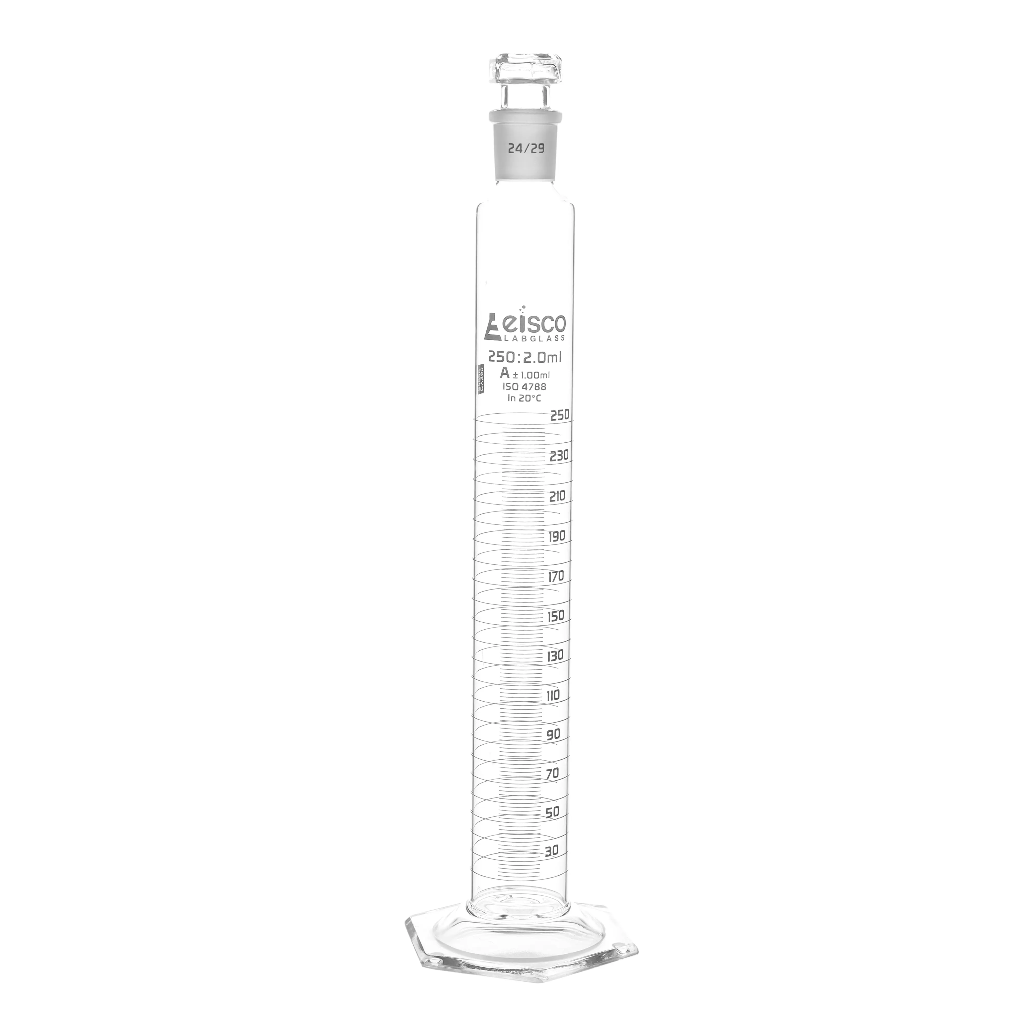 Cylinder Measuring Graduated, cap. 250ml., class 'A', glass hex. base, complete with interchangeable polypropylene stopper, borosilicate glass, White Graduation