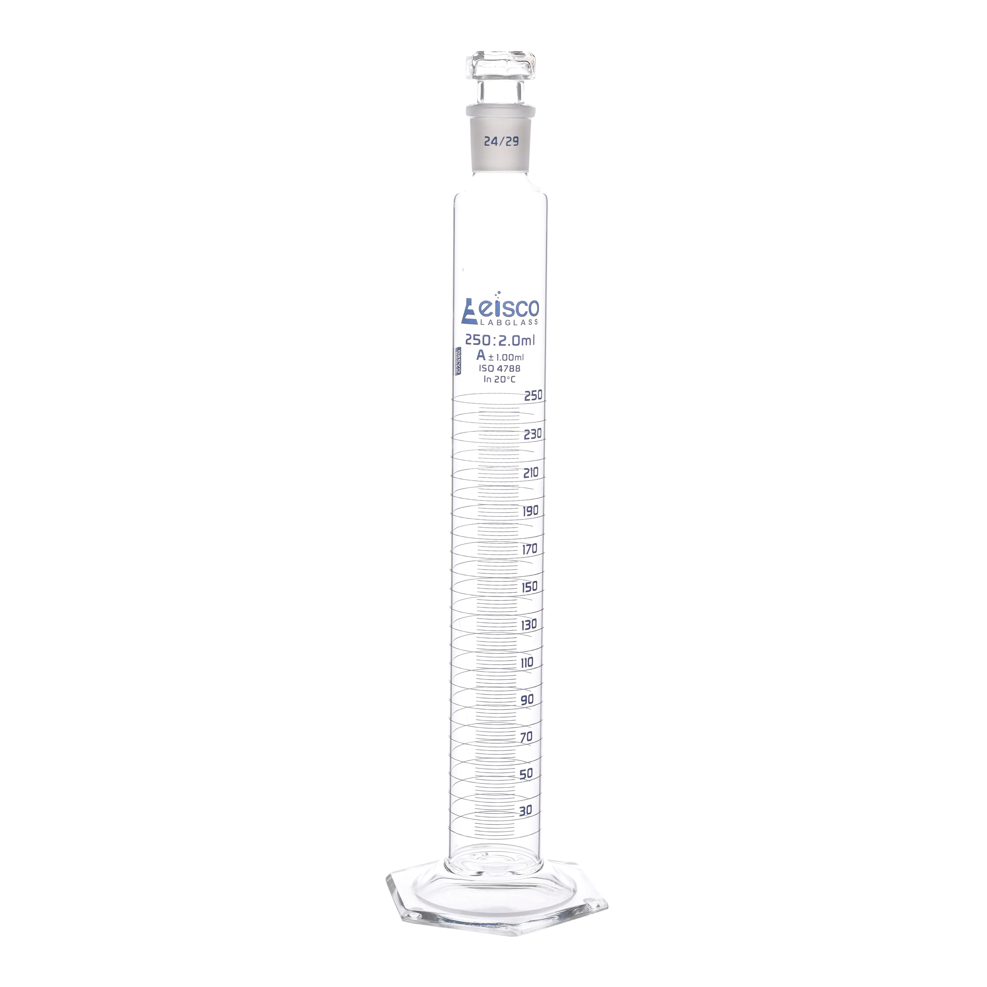 Cylinder Measuring Graduated, cap. 250ml., class 'A', glass hex. base, complete with interchangeable polypropylene stopper, borosilicate glass, Blue Graduation