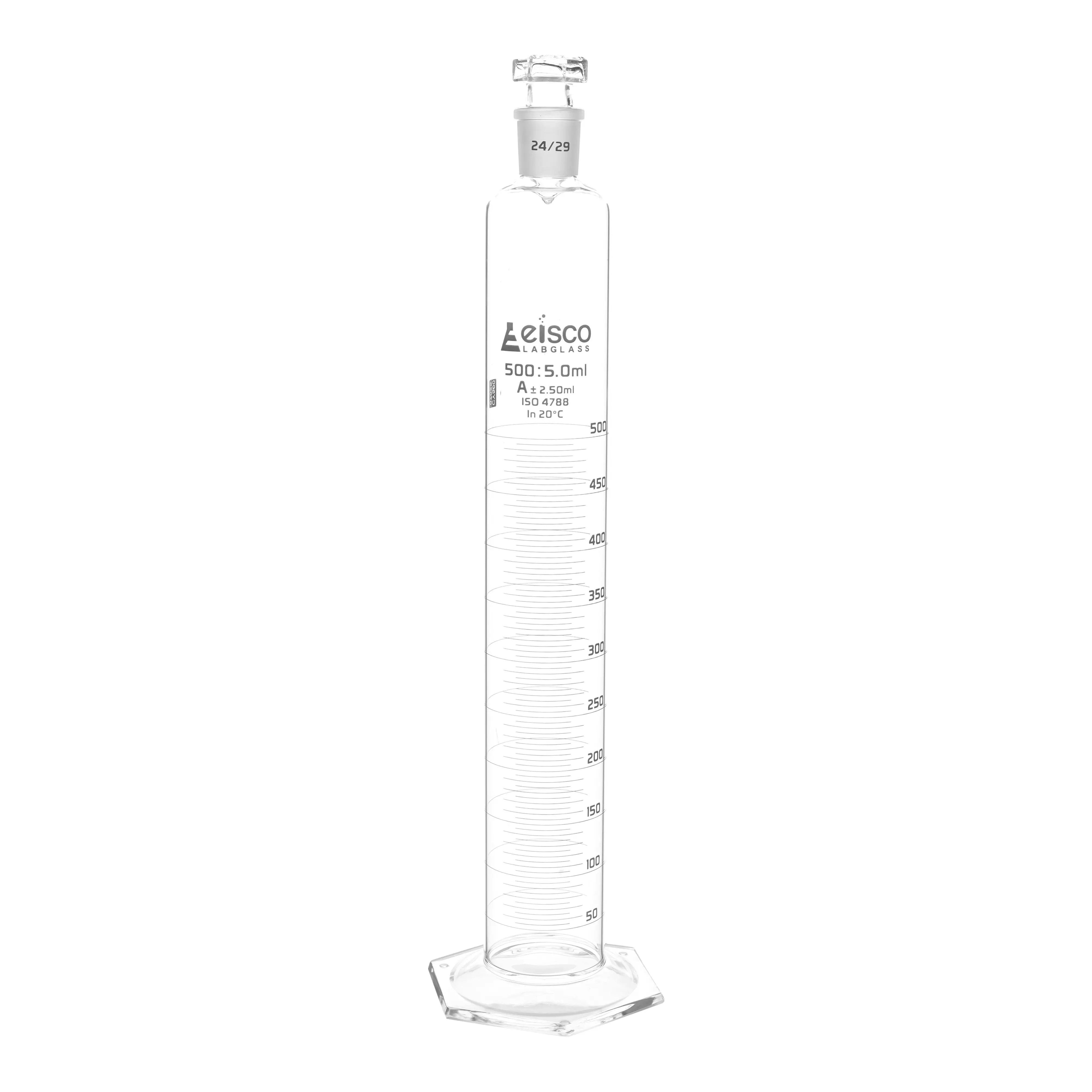Cylinder Measuring Graduated, cap. 500ml., class 'A', glass hex. base, complete with interchangeable polypropylene stopper, borosilicate glass, White Graduation