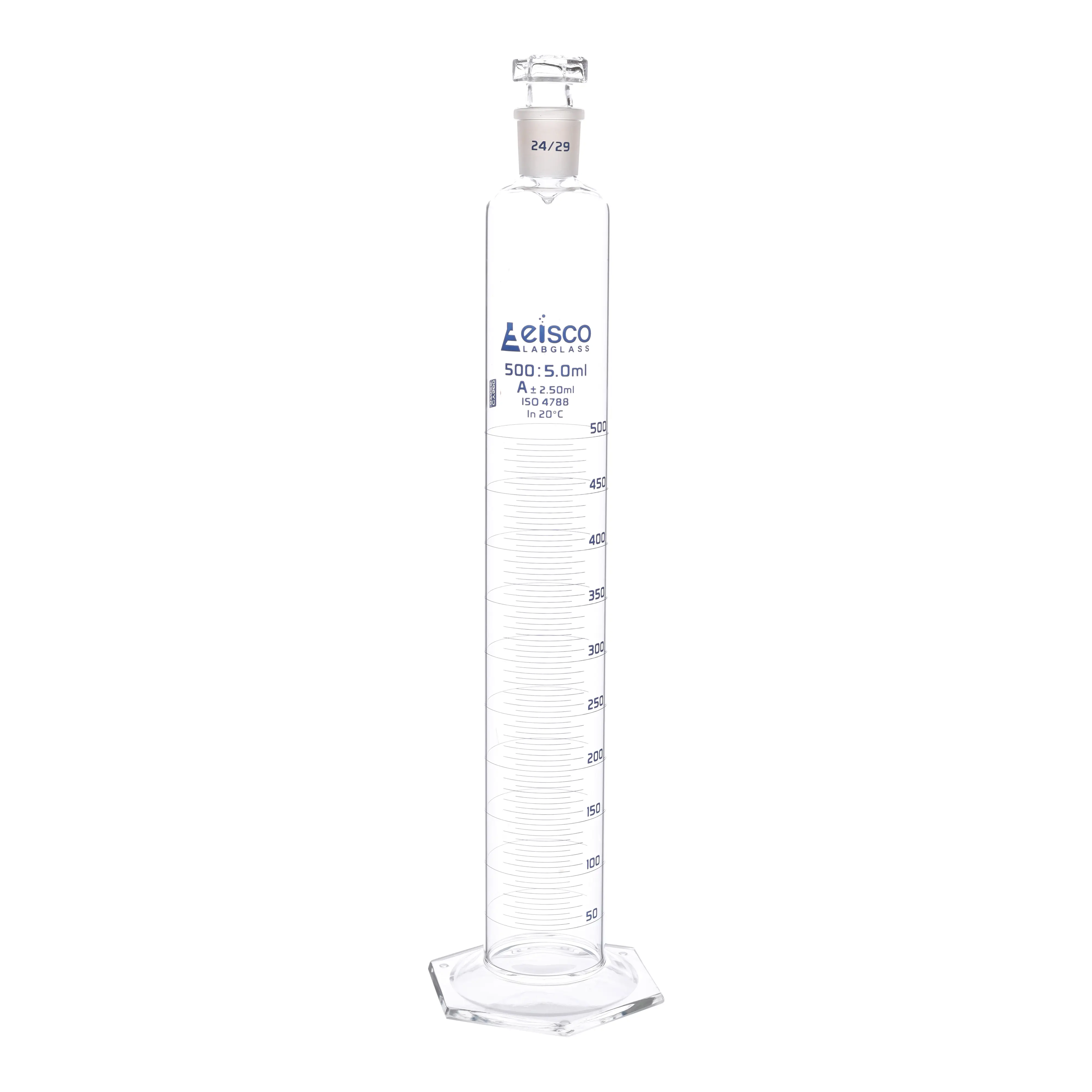 Cylinder Measuring Graduated, cap. 1000ml., class 'A', glass hex. base, complete with interchangeable polypropylene stopper, borosilicate glass, Blue Graduation