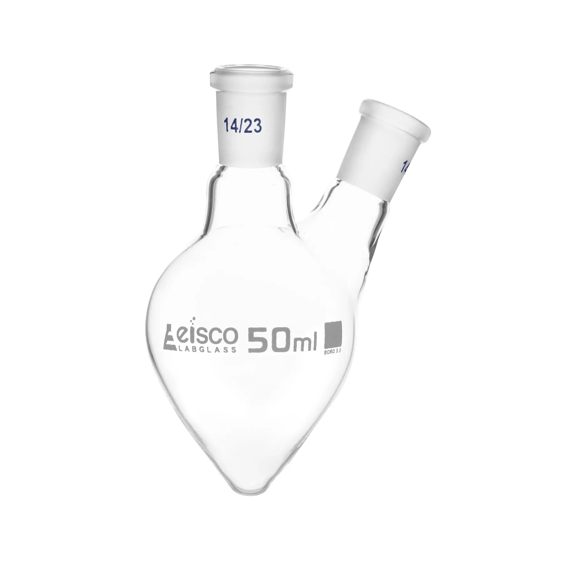 Flask Boiling - Pear Shape, two neck with joint 50ml, with side socket size 14/23 & center size 14/23, borosilicate glass