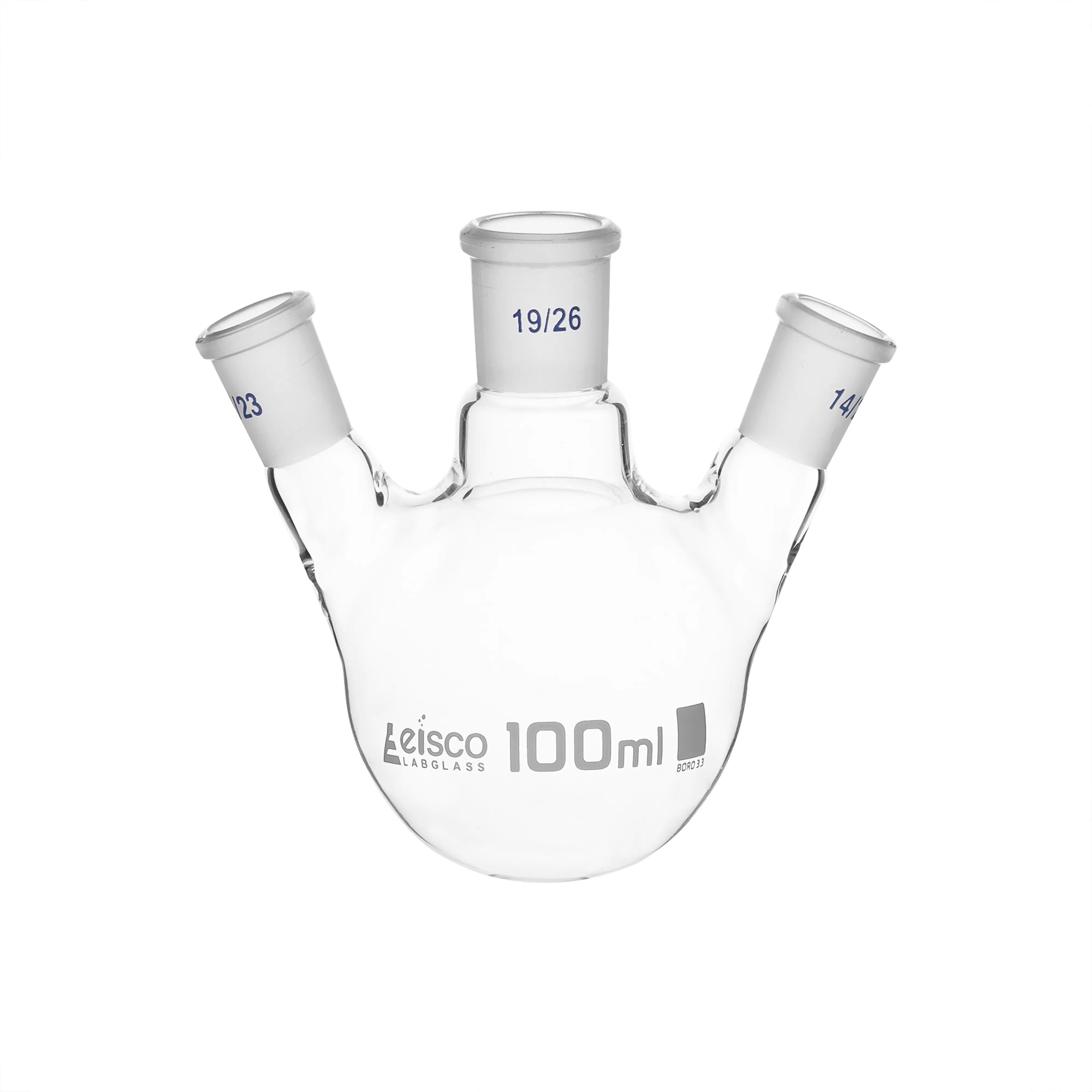 Flask Distilling round bottom, cap. 100ml, borosilicate glass, three neck at angle, centre socket 19/26, side socket 14/23