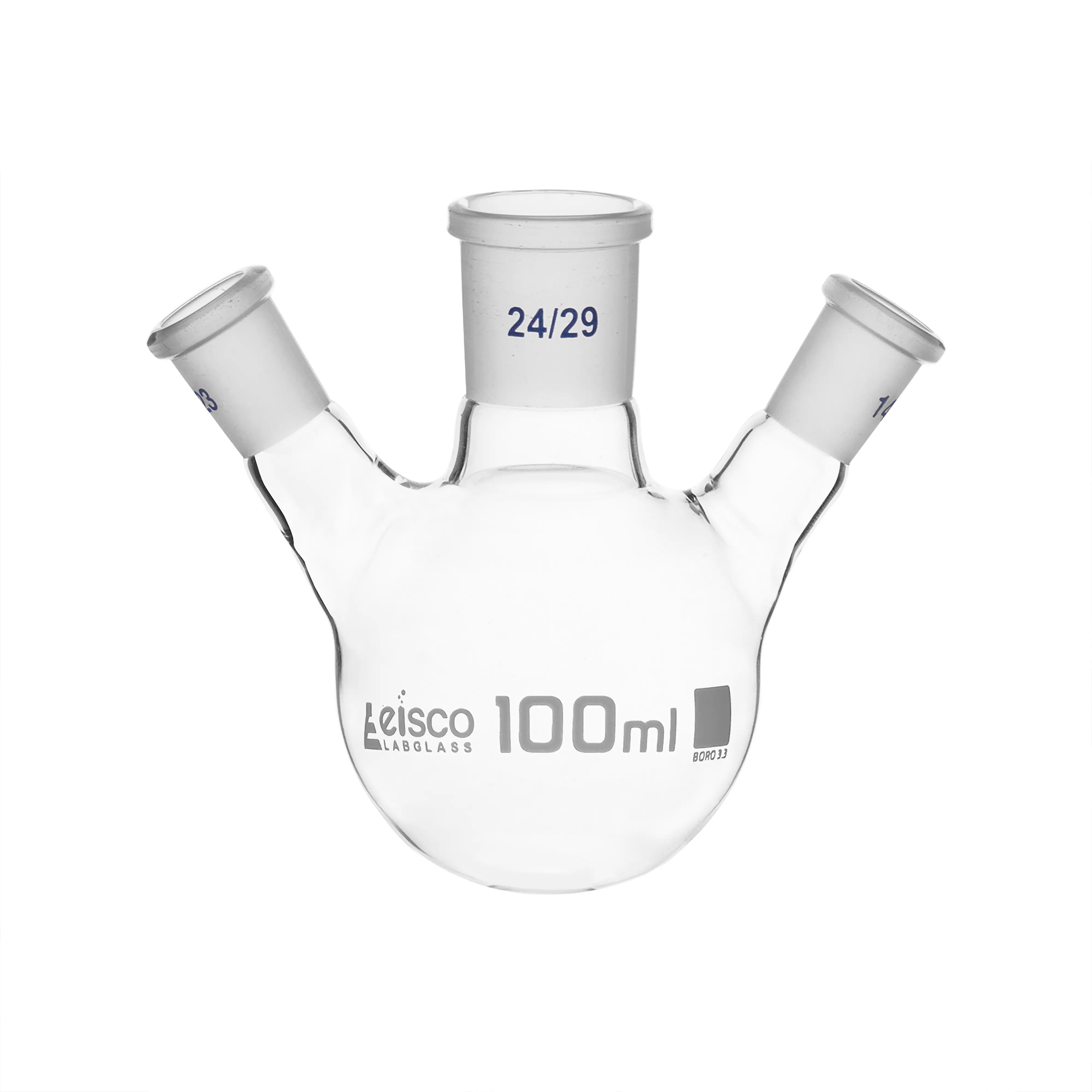 Flask Distilling round bottom, cap. 100ml, borosilicate glass, three neck at angle, centre socket 24/29, side socket 14/23