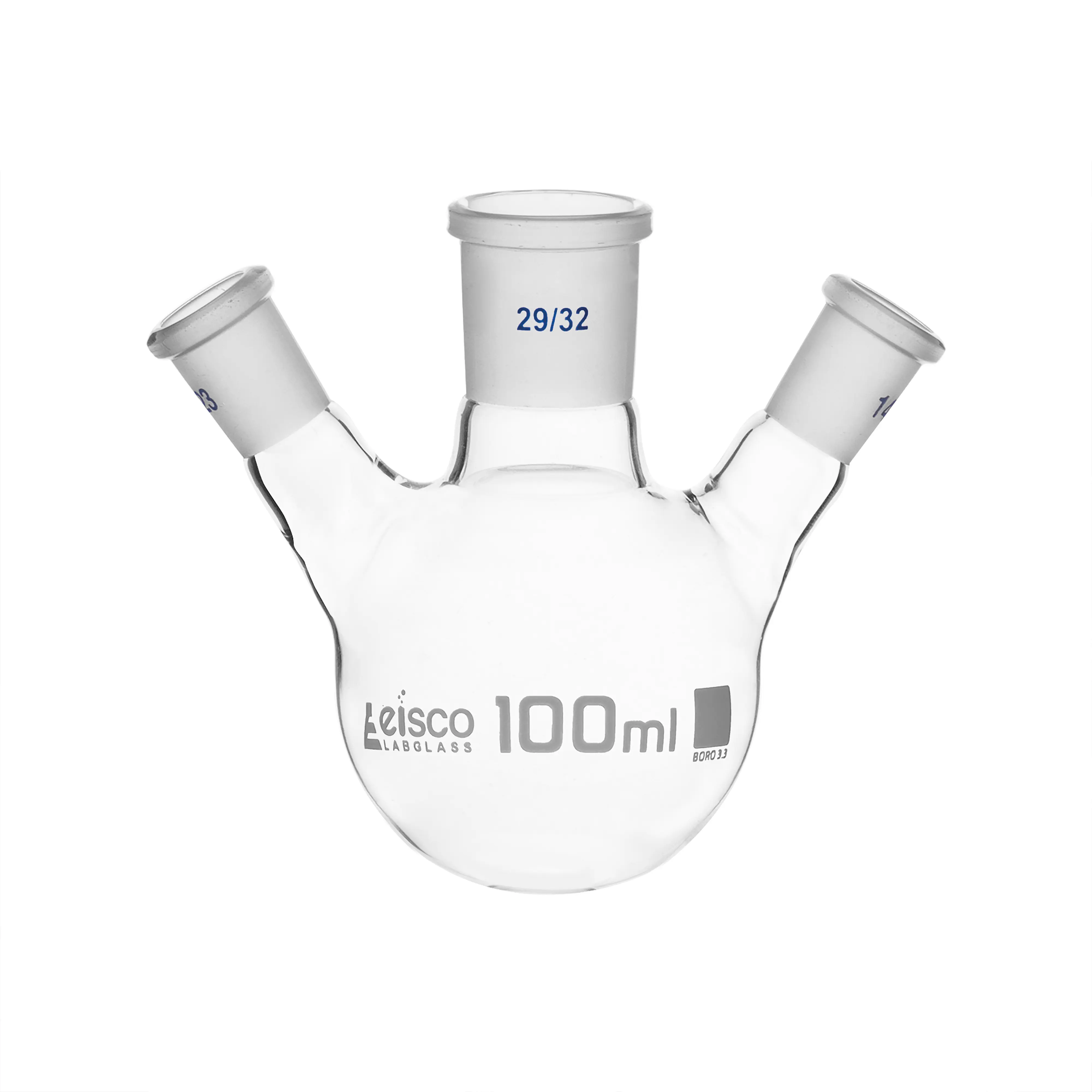 Flask Distilling round bottom, cap. 100ml, borosilicate glass, three neck at angle, centre socket 29/32, side socket 14/23