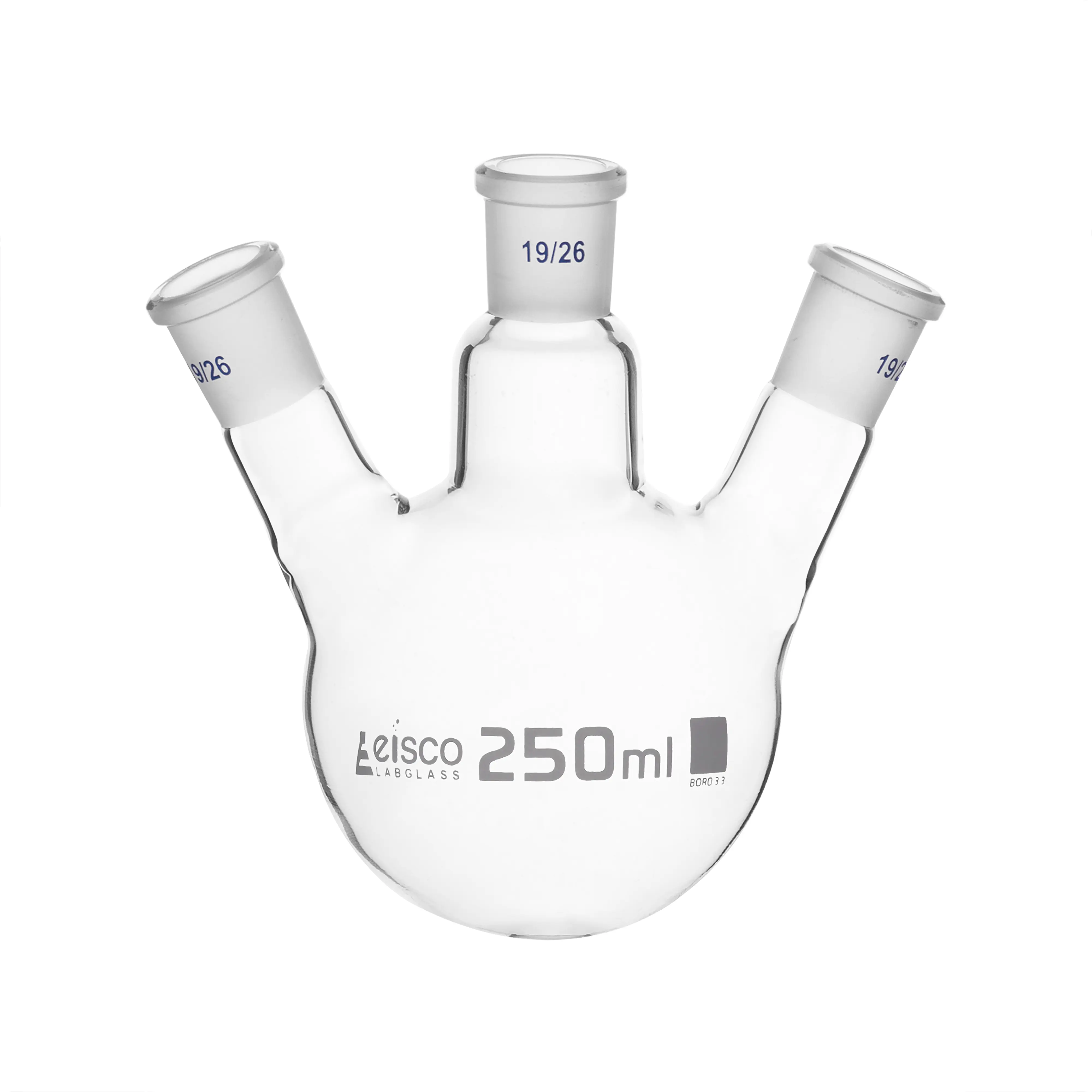 Flask Distilling round bottom, cap. 250ml, borosilicate glass, three neck at angle, centre socket 19/26, side socket 19/26