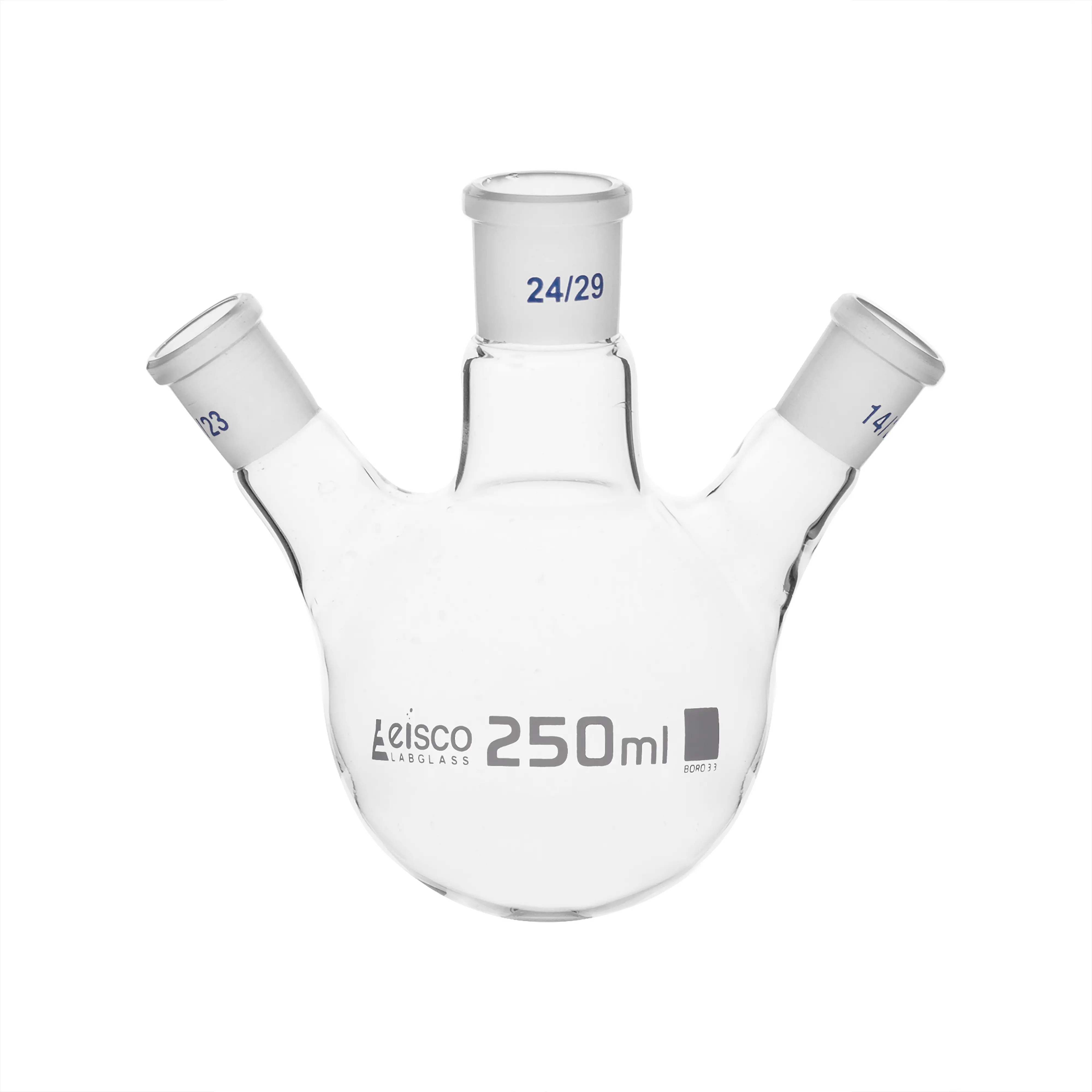 Flask Distilling round bottom, cap. 250ml, borosilicate glass, three neck at angle, centre socket 24/29, side socket 14/23