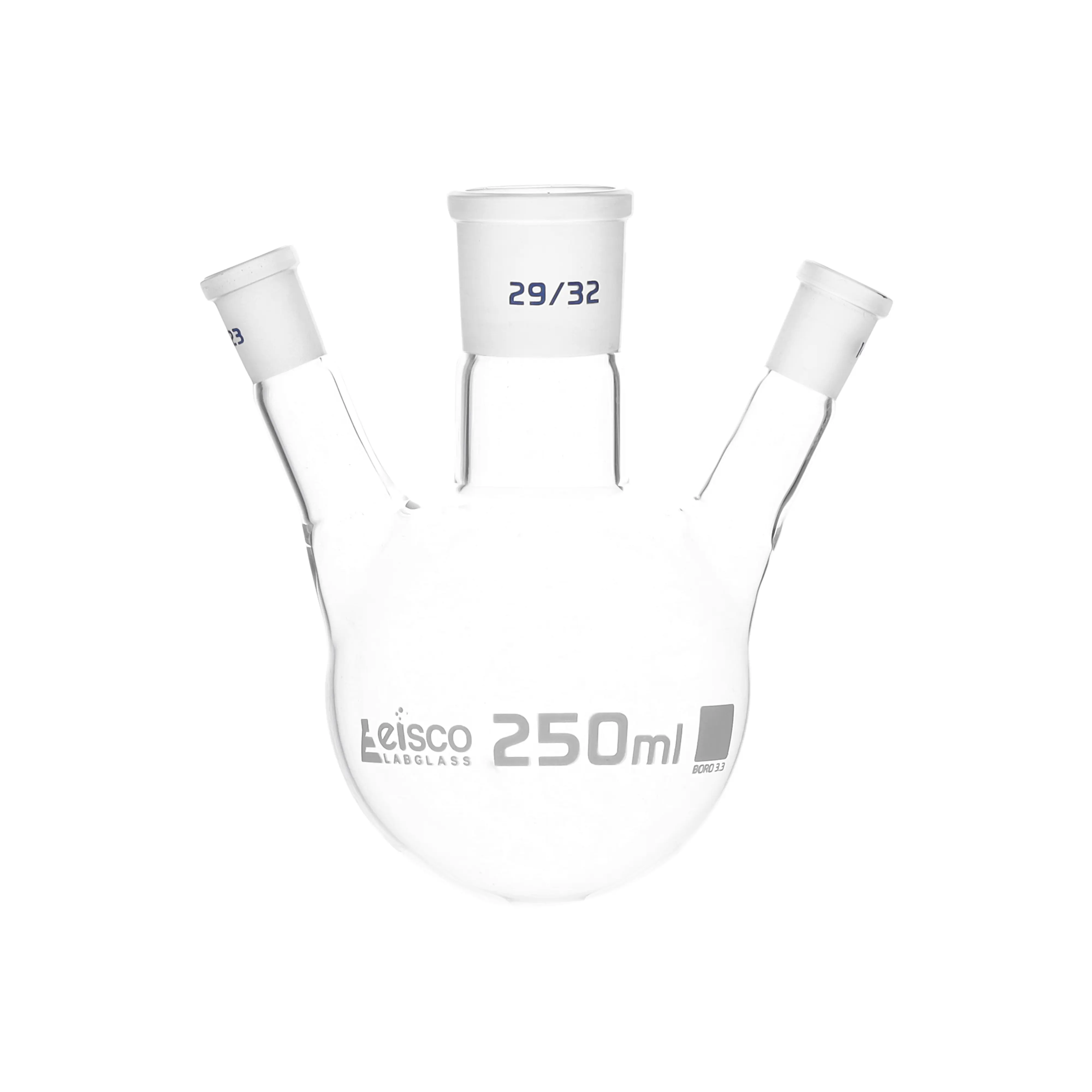 Flask Distilling round bottom, cap. 250ml, borosilicate glass, three neck at angle, centre socket 29/32, side socket 14/23