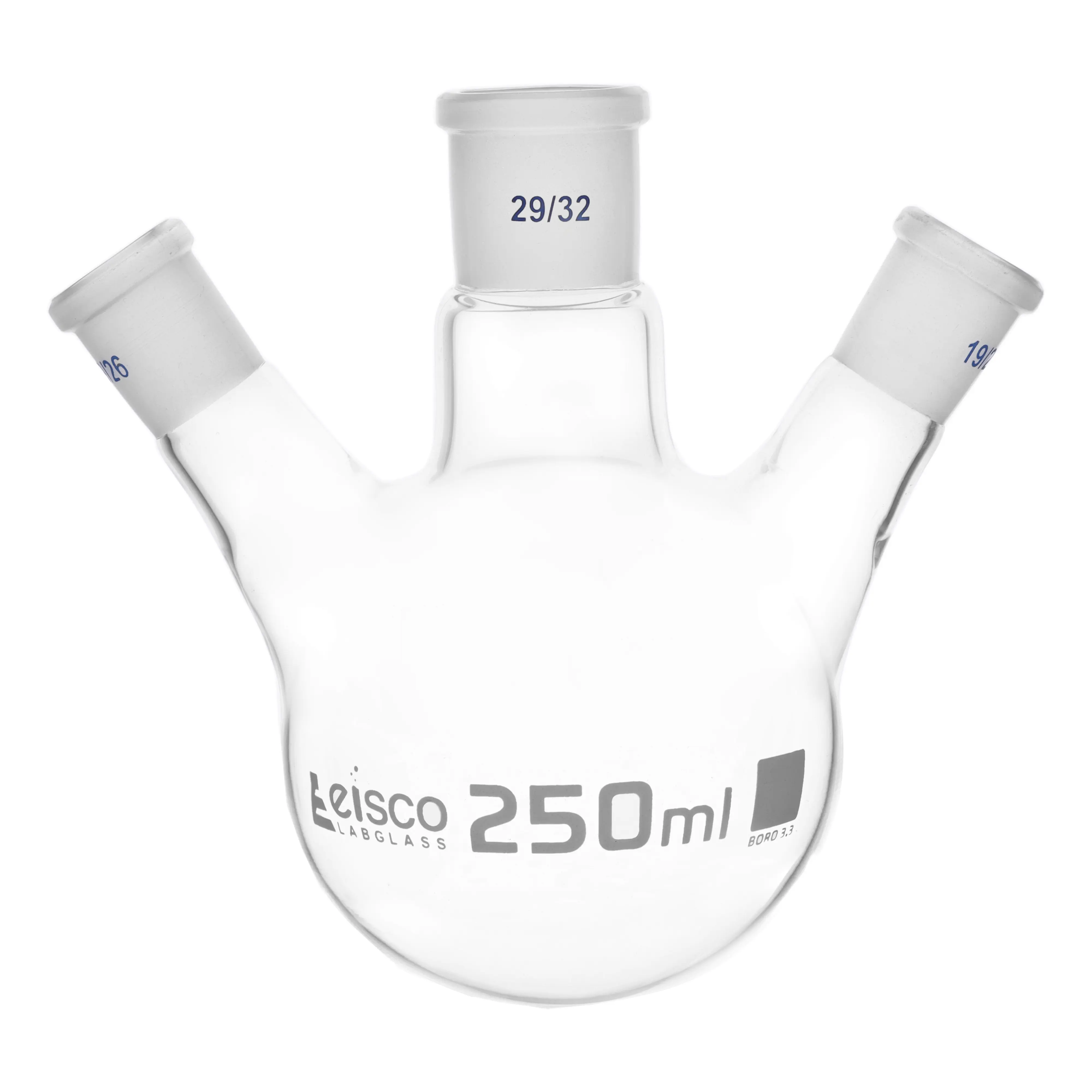 Flask Distilling round bottom, cap. 250ml, borosilicate glass, three neck at angle, centre socket 29/32, side socket 19/26