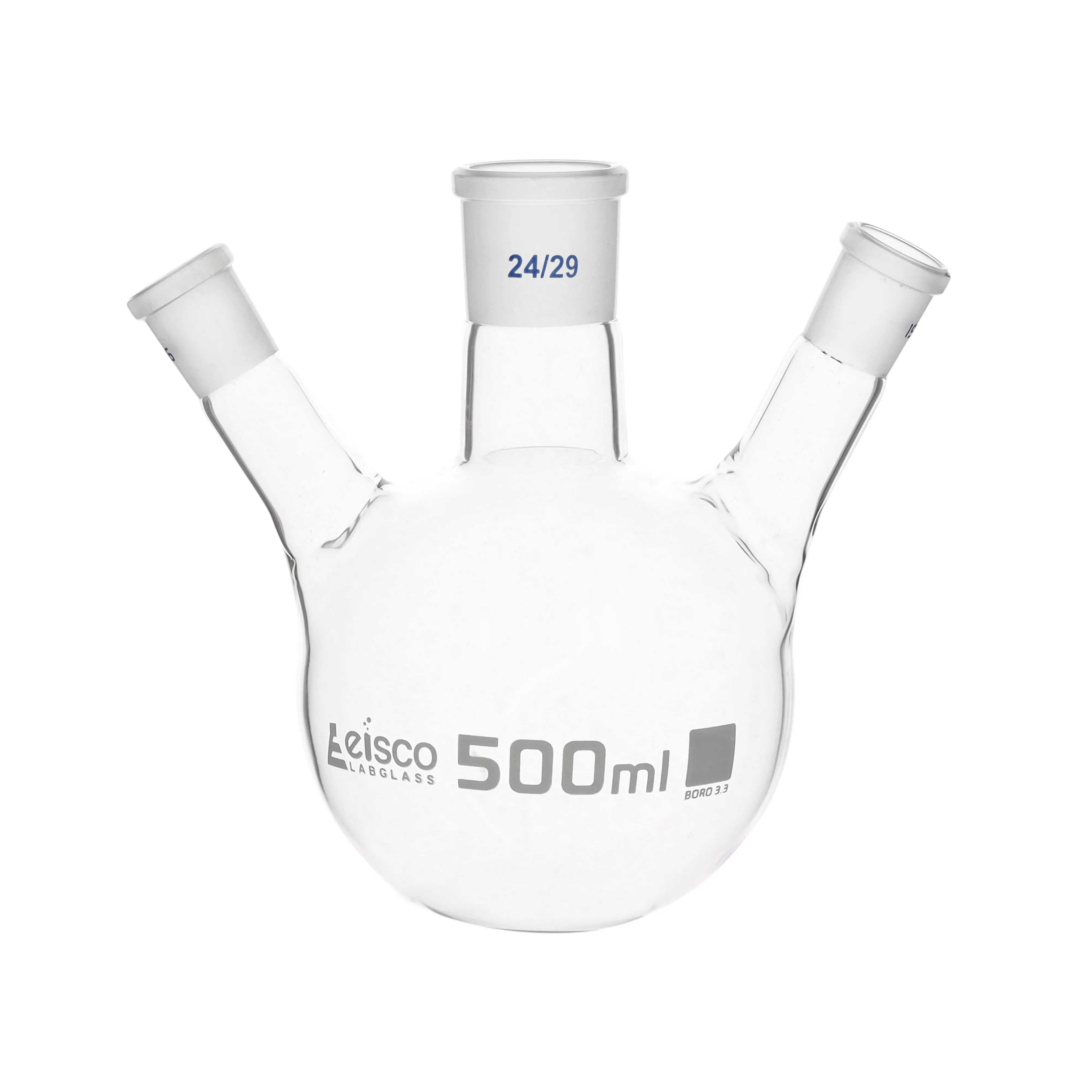 Flask Distilling round bottom, cap. 500ml, borosilicate glass, three neck at angle, centre socket 24/29, side socket 19/26