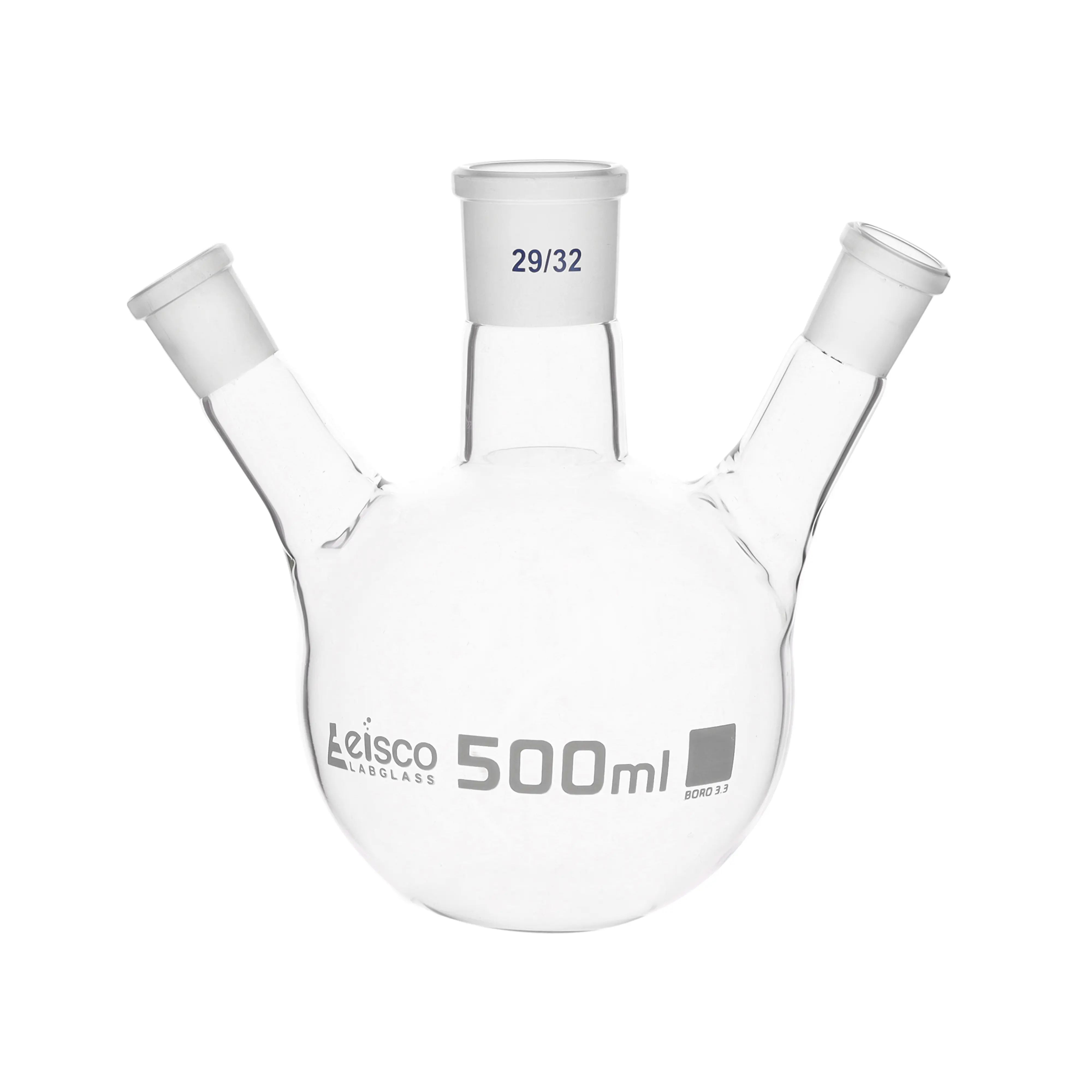 Flask Distilling round bottom, cap. 500ml, borosilicate glass, three neck at angle, centre socket 29/32, side socket 14/23