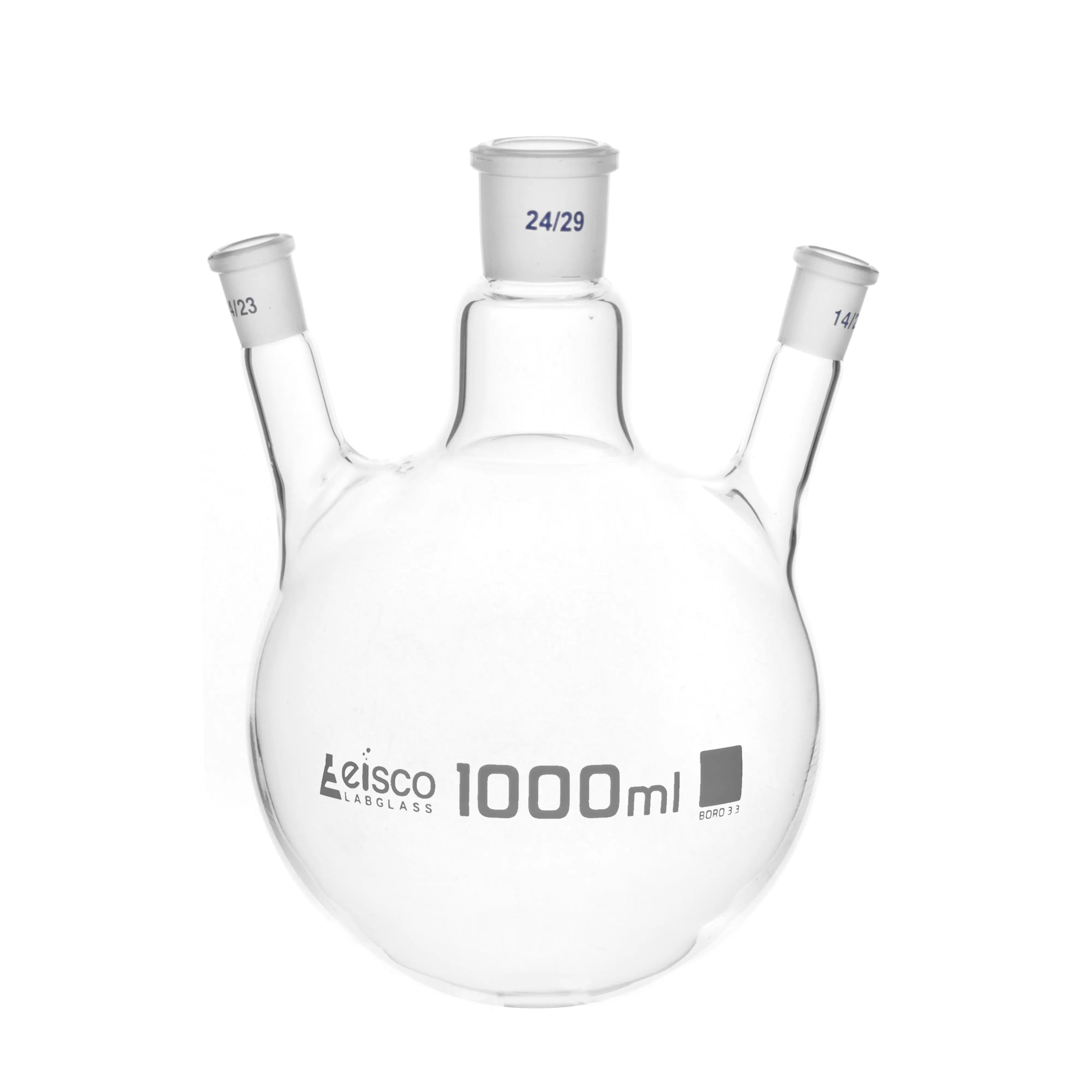 Flask Distilling round bottom, cap. 1000ml, borosilicate glass, three neck at angle, centre socket 24/29, side socket 14/23