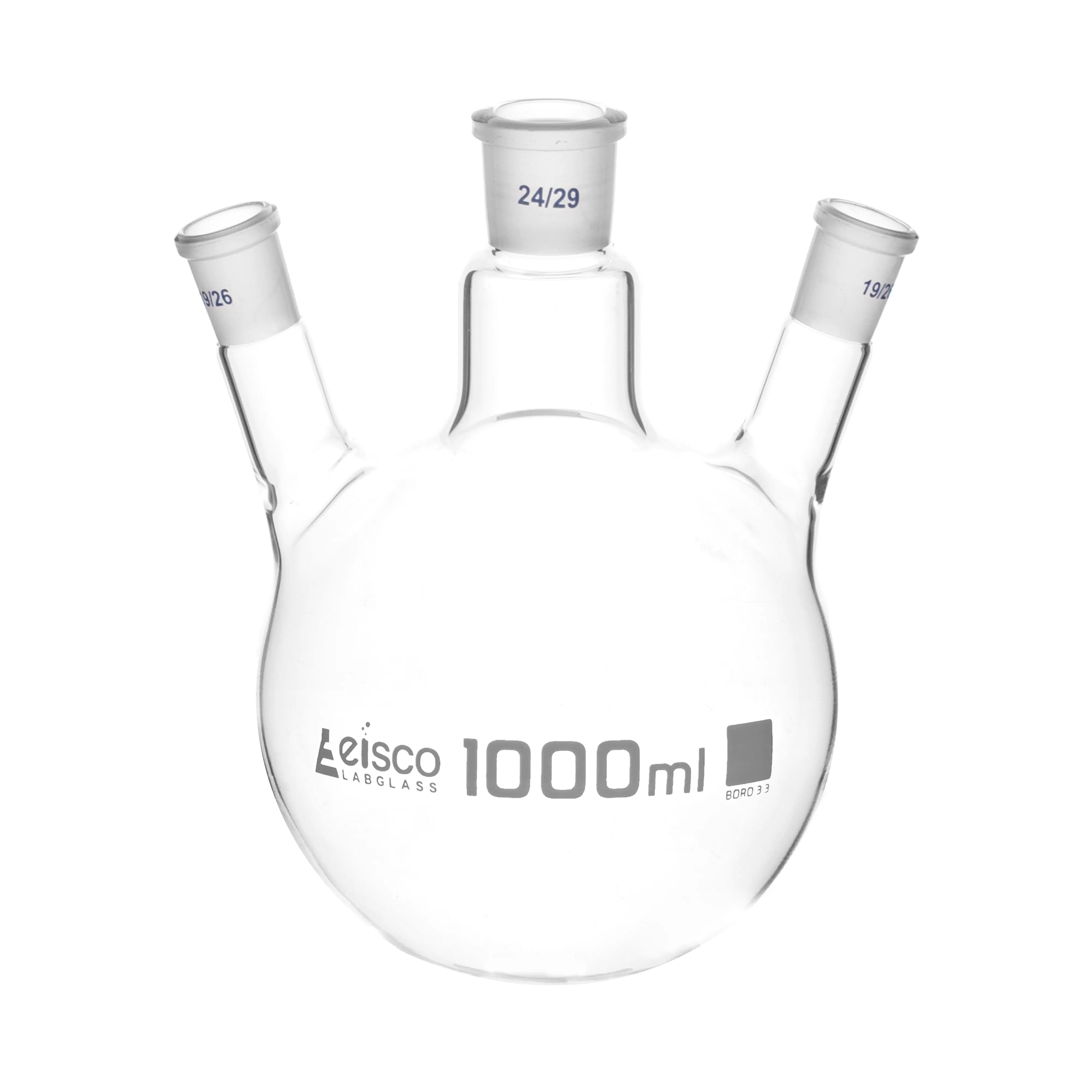 Flask Distilling round bottom, cap. 1000ml, borosilicate glass, three neck at angle, centre socket 24/29, side socket 19/26
