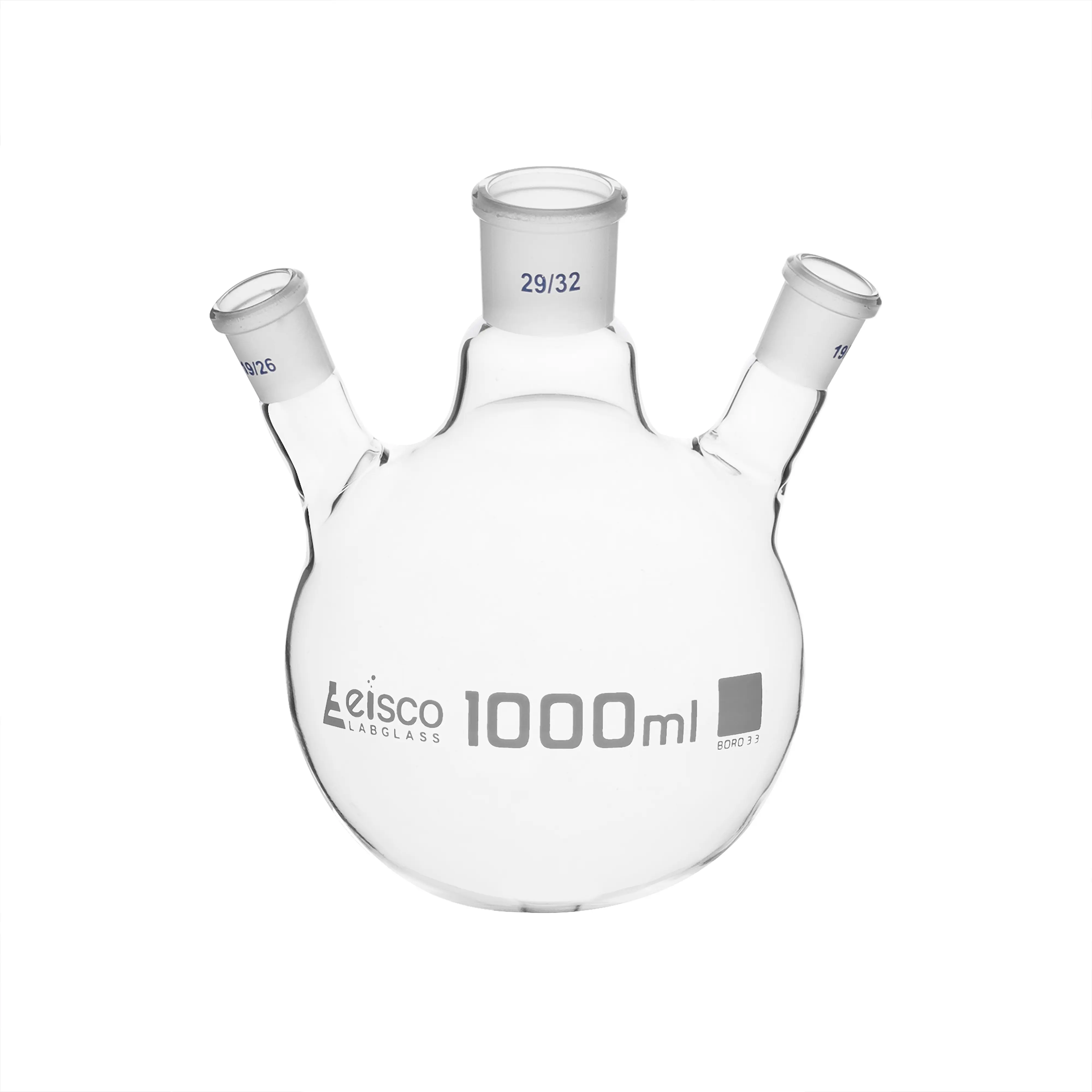 Flask Distilling round bottom, cap. 1000ml, borosilicate glass, three neck at angle, centre socket 29/32, side socket 19/26