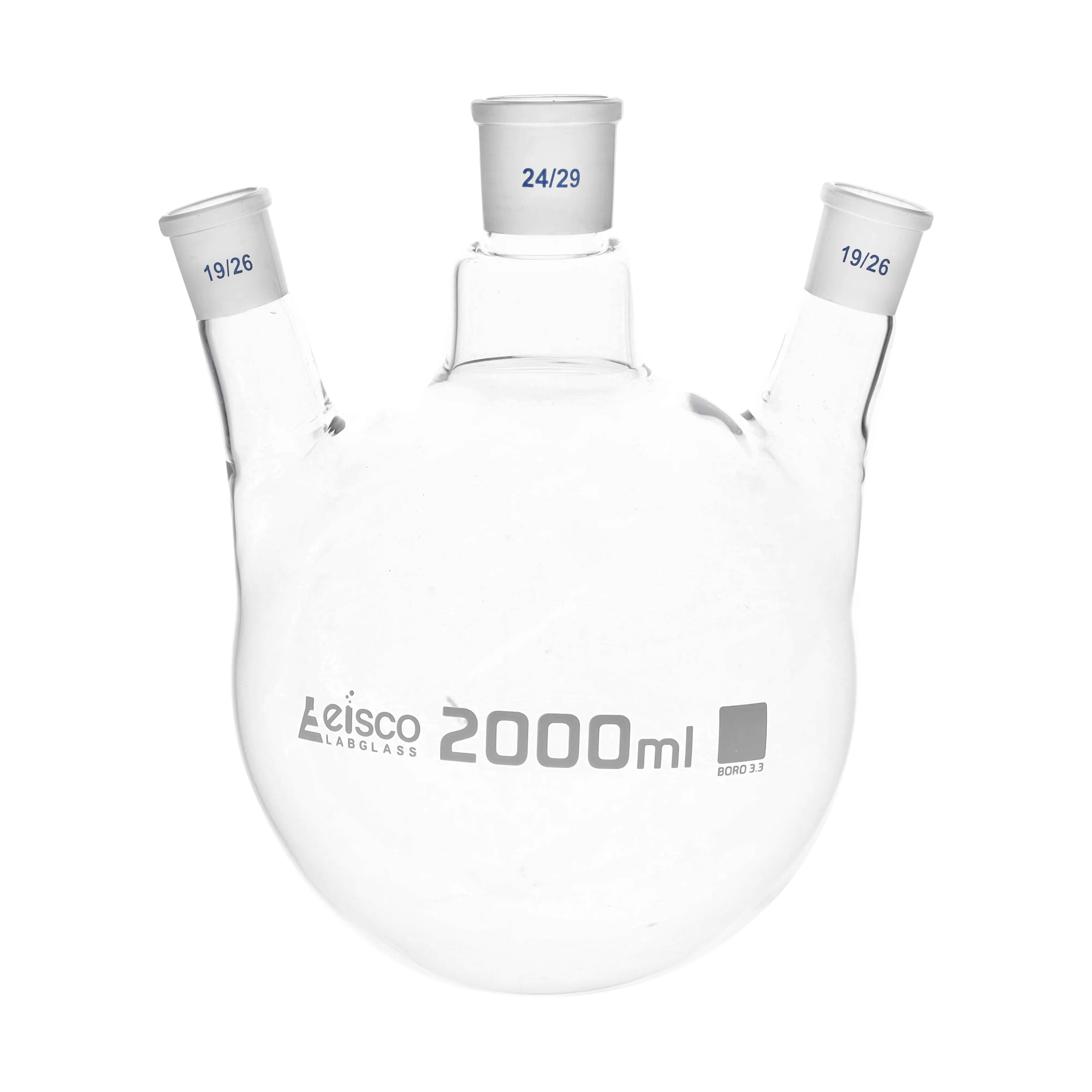 Flask Distilling round bottom, cap. 2000ml, borosilicate glass, three neck at angle, centre socket 24/29, side socket 19/26