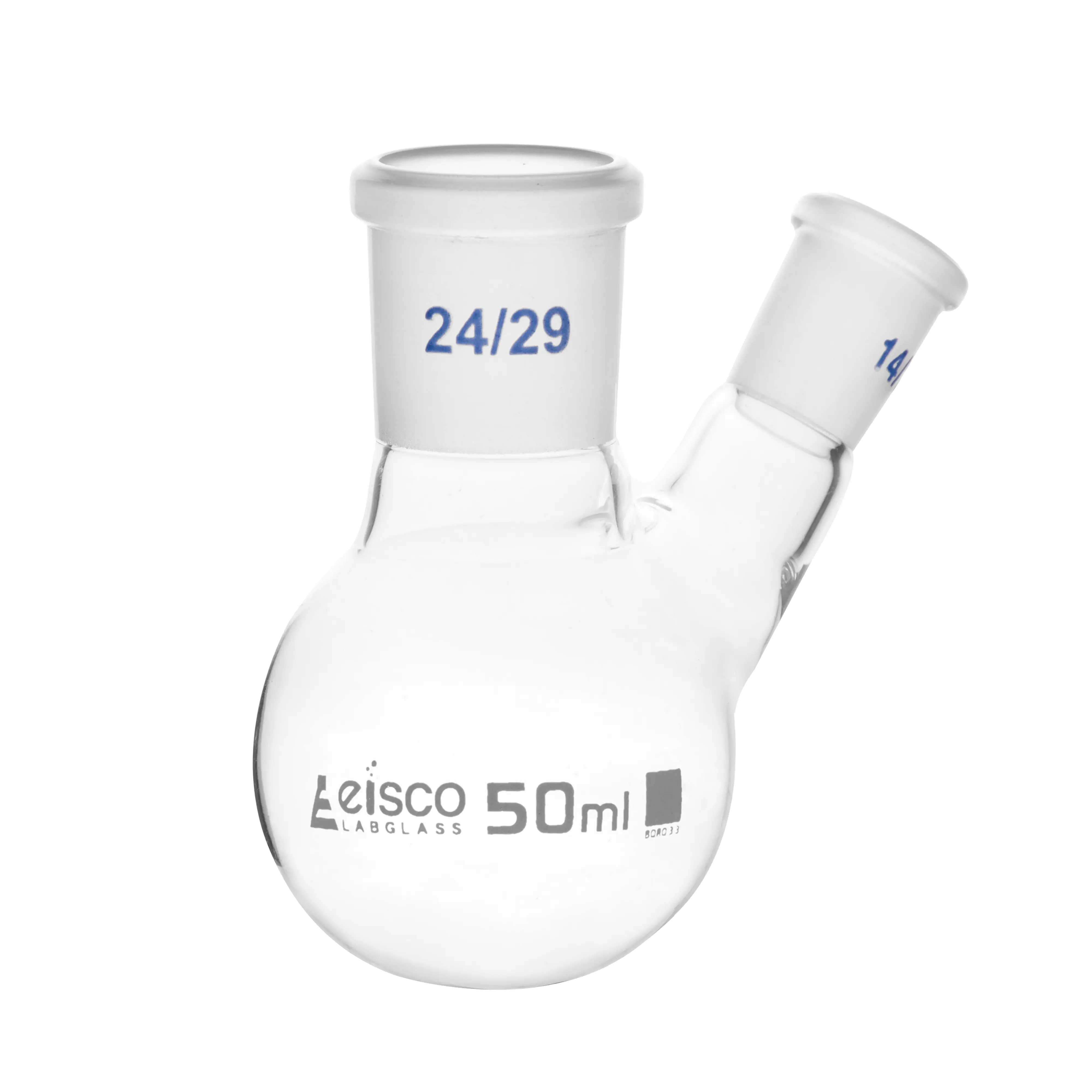 Flask with round bottom, cap. 50ml, borosilicate glass, one oblique neck with joint, centre socket 24/29, side socket 14/23