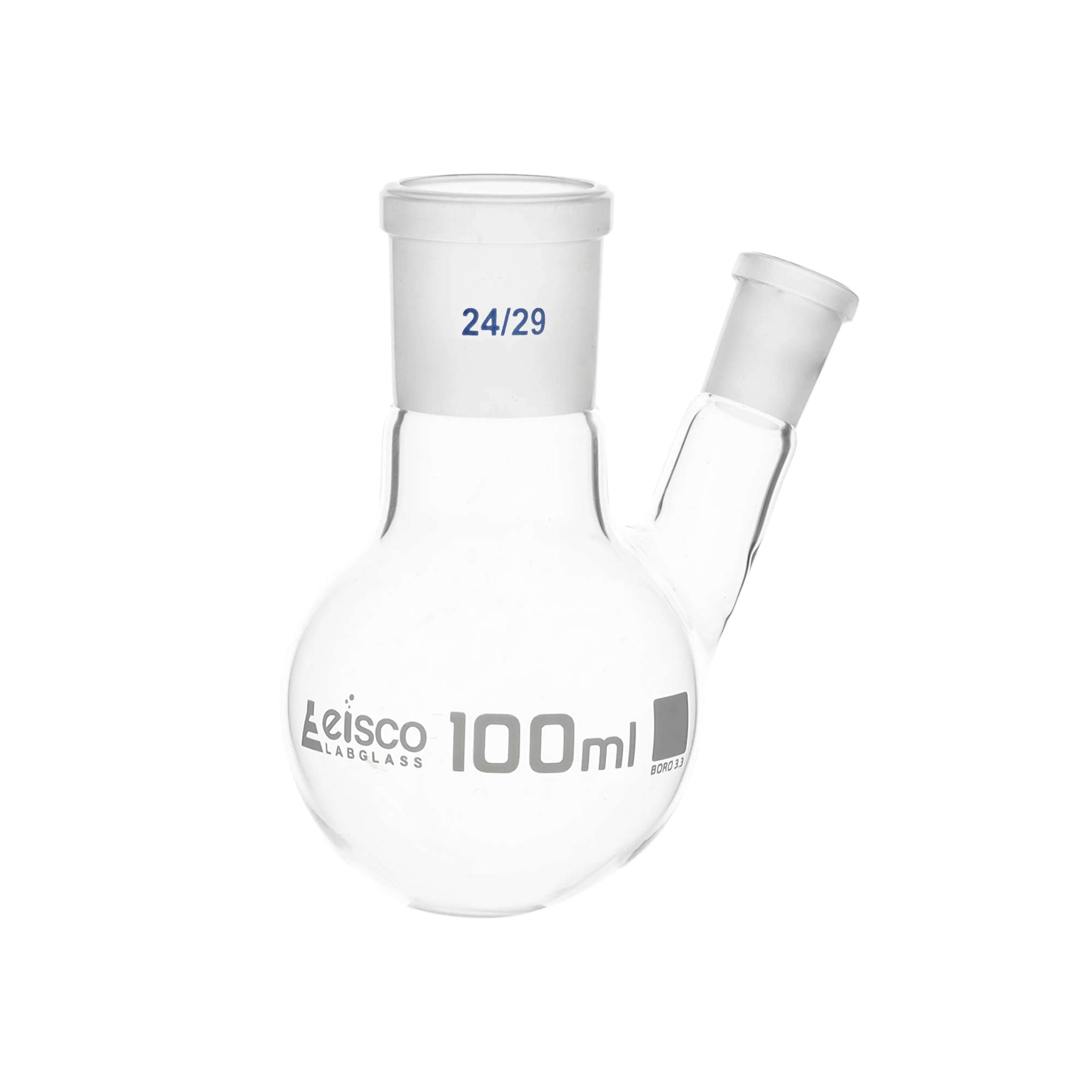 Flask with round bottom, cap. 100ml, borosilicate glass, one oblique neck with joint, centre socket 24/29, side socket 19/26