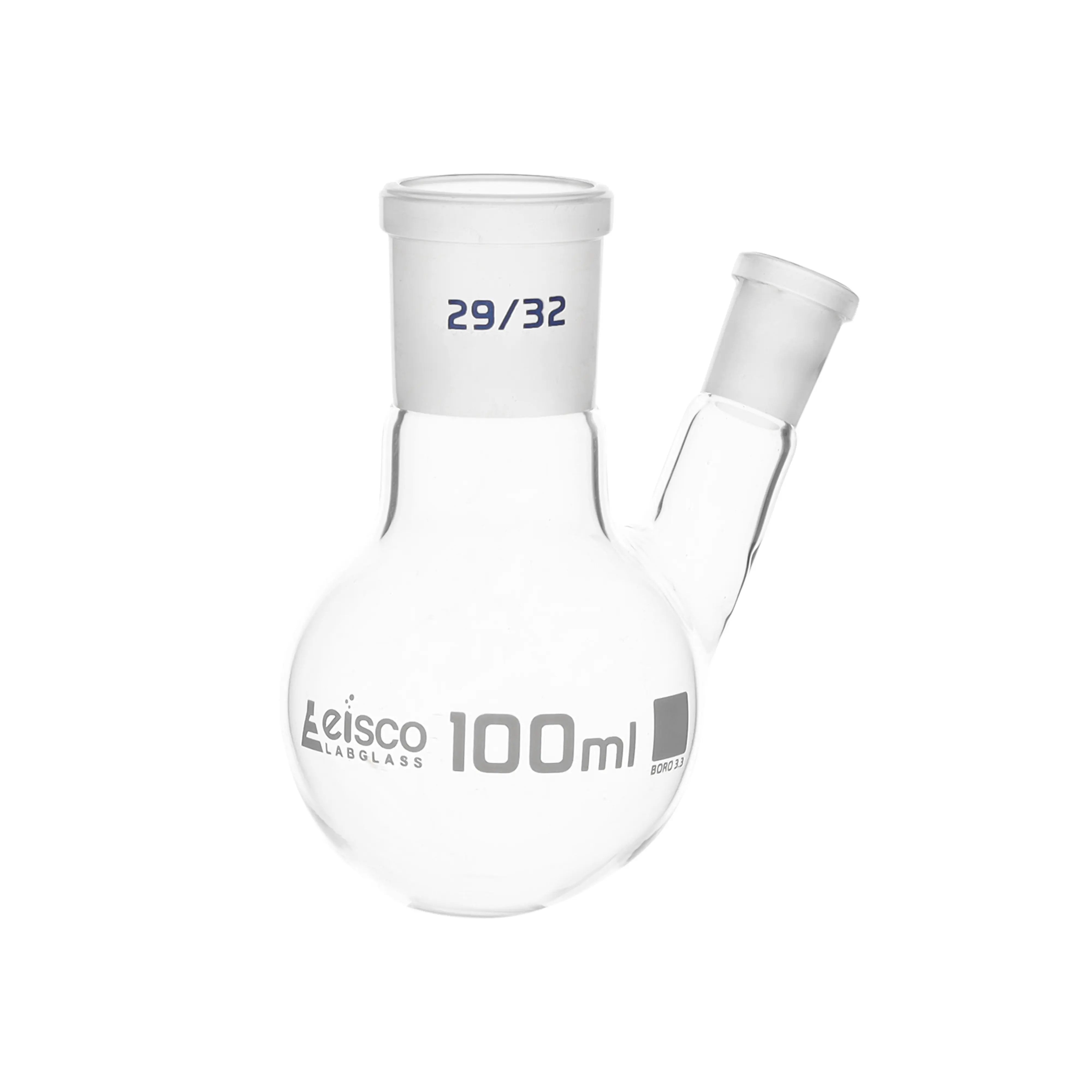 Flask with round bottom, cap. 100ml, borosilicate glass, one oblique neck with joint, centre socket 29/32, side socket 14/23