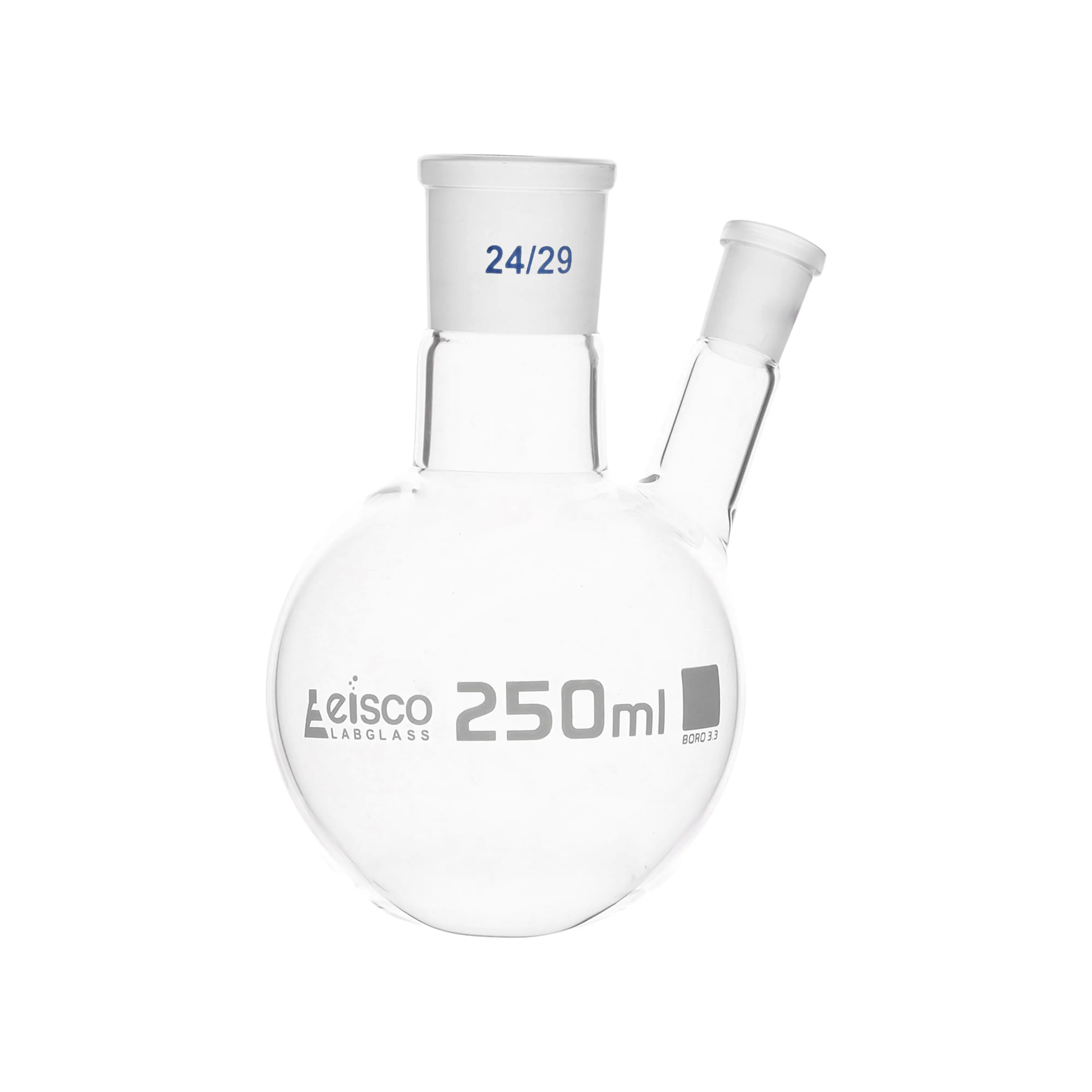 Flask with round bottom, cap. 250ml, borosilicate glass, one oblique neck with joint, centre socket 24/29, side socket 14/23